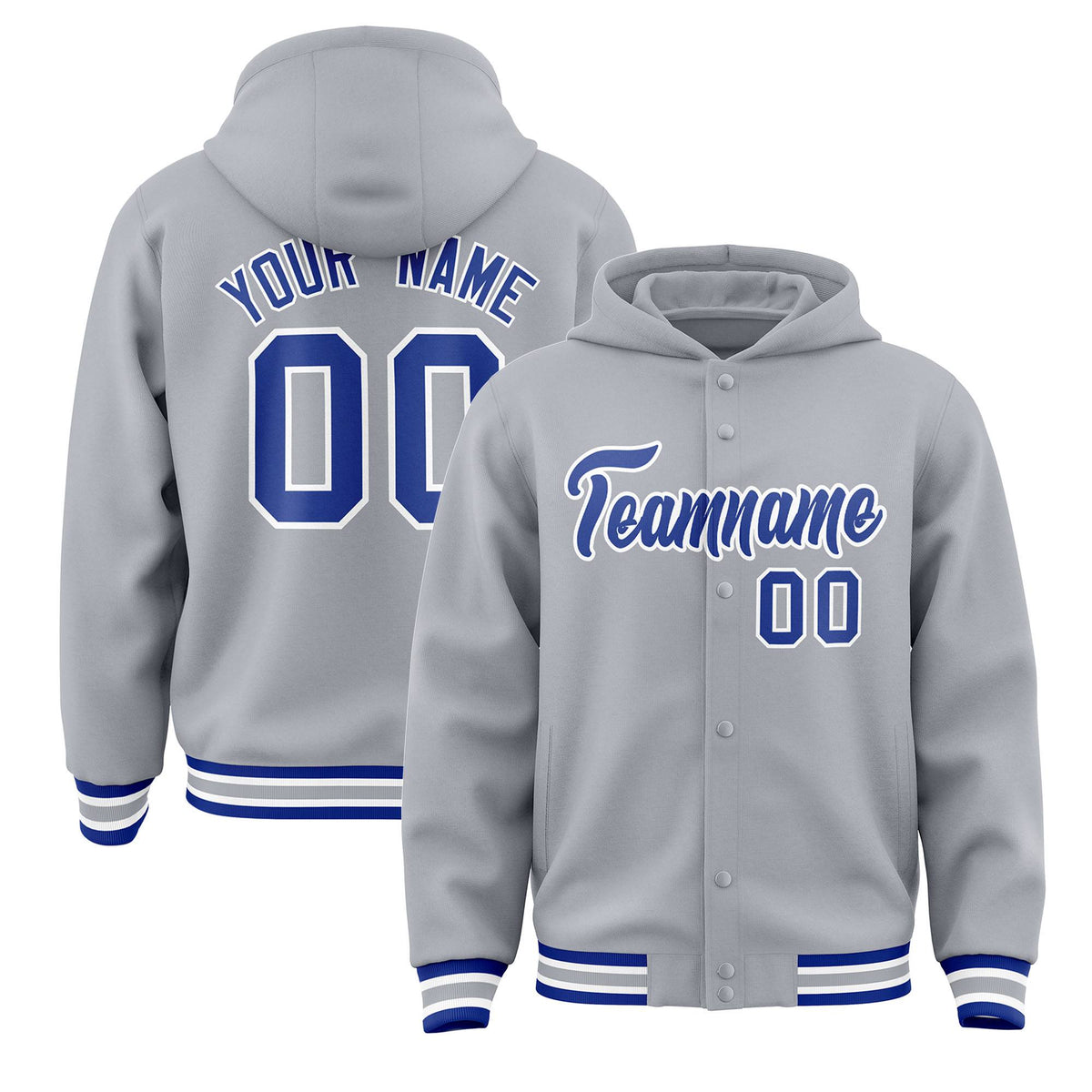 Custom Gray Royal-White Varsity Full-Snap Letterman Classic Jacket Hoodie| KXKSHOP