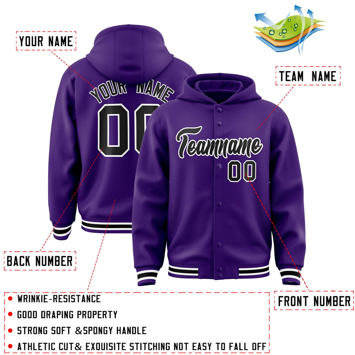 Custom Purple Black-White Varsity Full-Snap Letterman Classic Jacket Hoodie| KXKSHOP