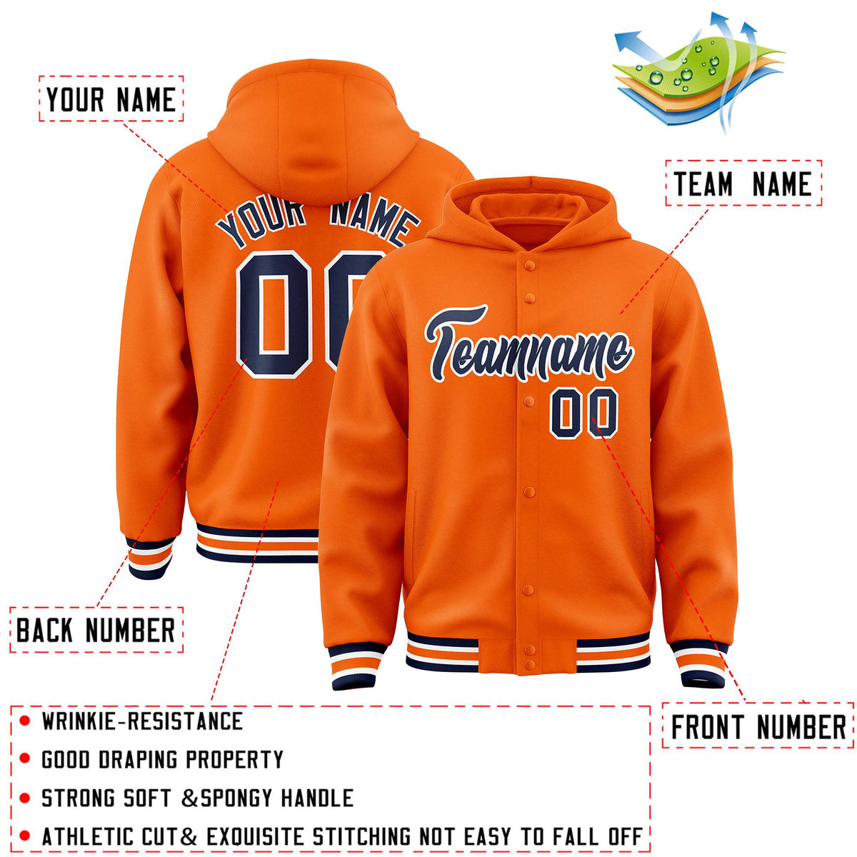 Custom Orange Navy-White Varsity Full-Snap Letterman Classic Jacket Hoodie| KXKSHOP