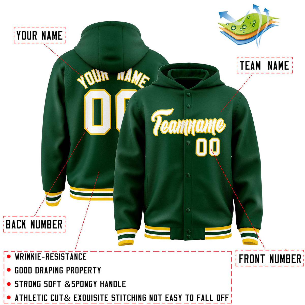 Custom Green White-Gold Varsity Full-Snap Letterman Classic Jacket Hoodie| KXKSHOP