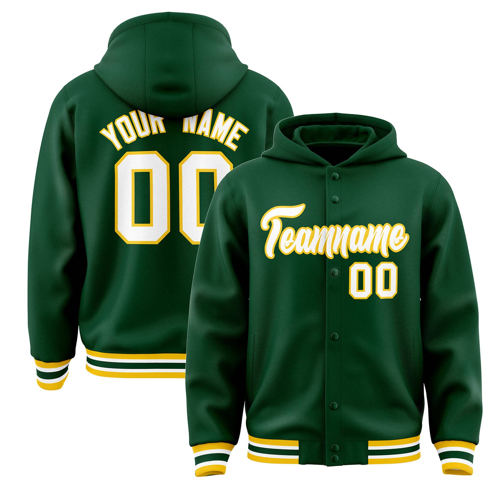 Custom Green White-Gold Varsity Full-Snap Letterman Classic Jacket Hoodie| KXKSHOP