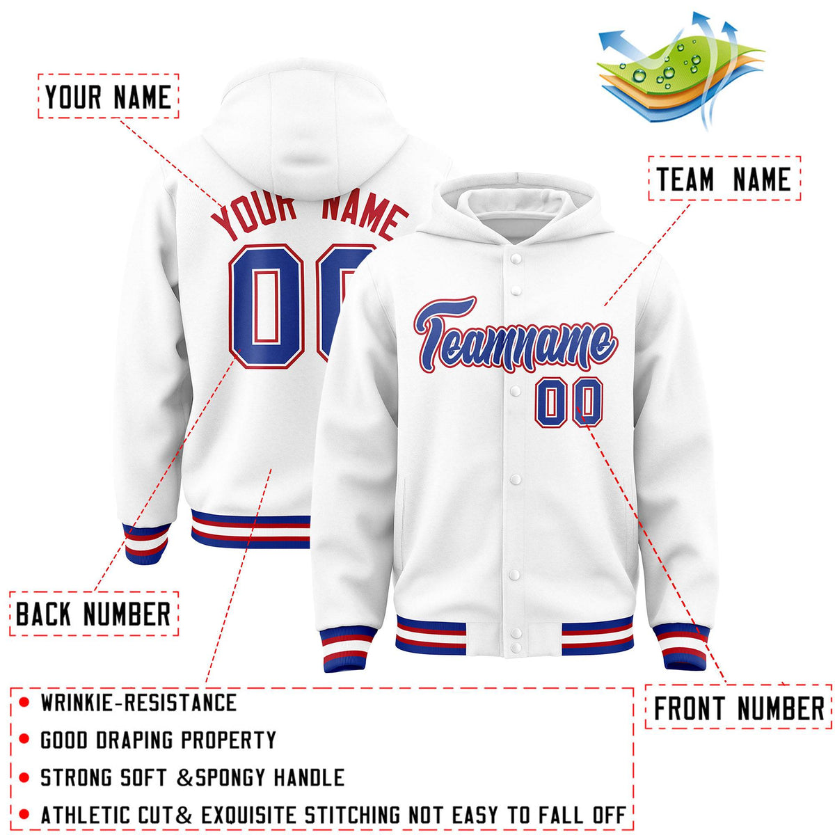 Custom White Royal-White Varsity Full-Snap Letterman Classic Jacket Hoodie| KXKSHOP