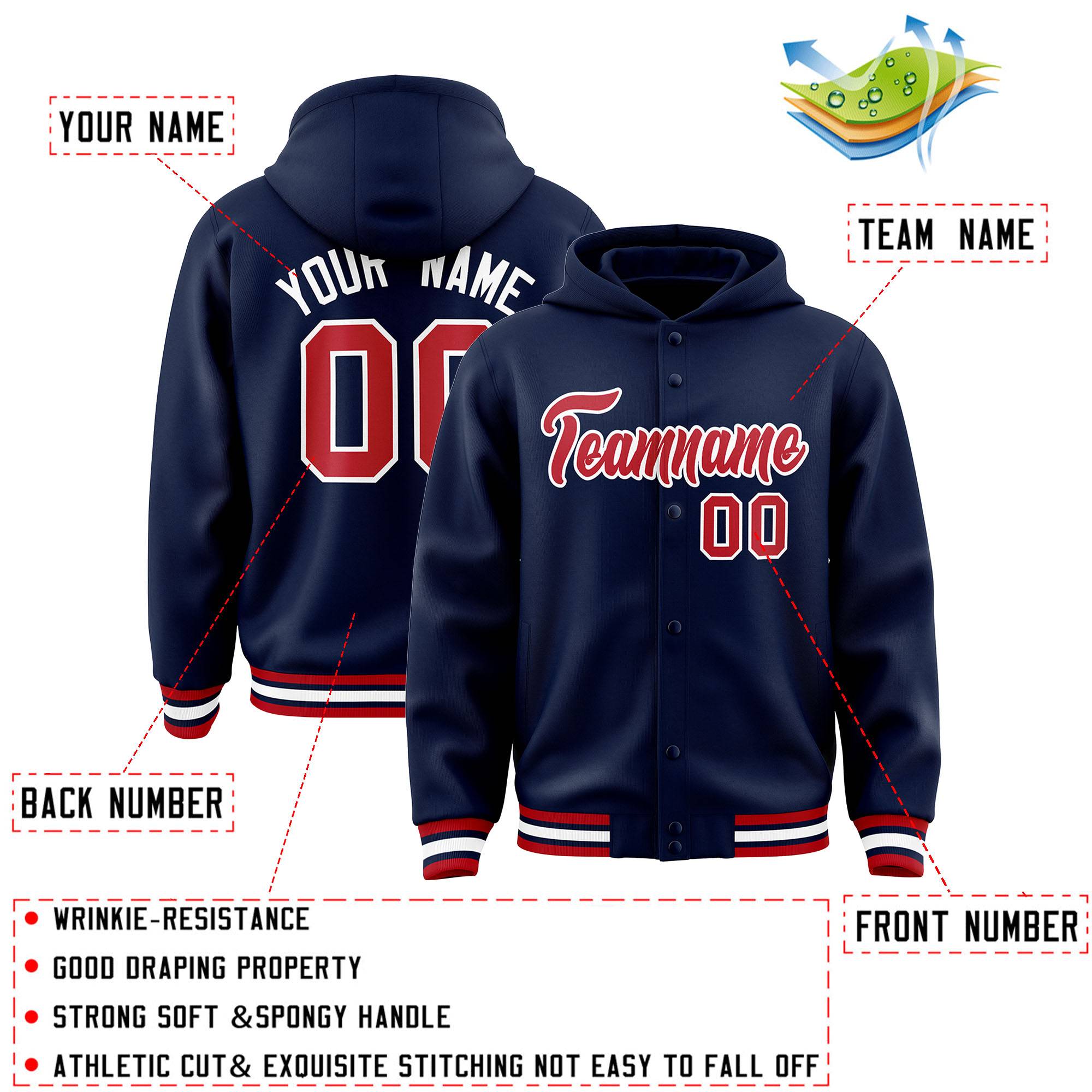 Custom Navy Red-White Varsity Full-Snap Letterman Classic Jacket Hoodie| KXKSHOP