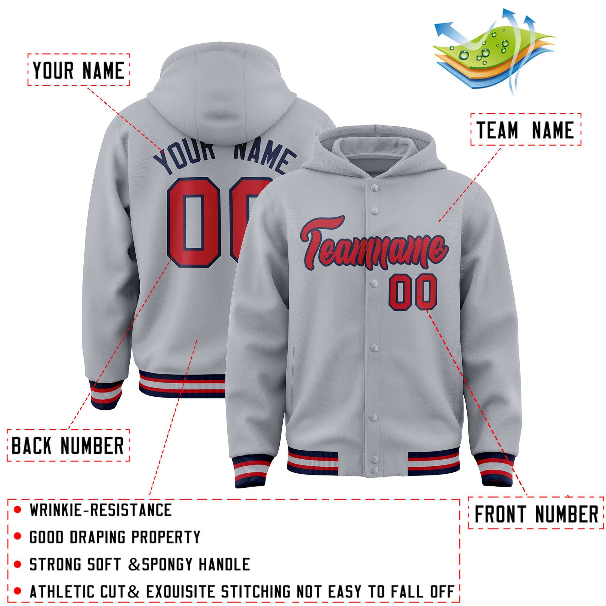 Custom Gray Red-Navy Varsity Full-Snap Letterman Classic Jacket Hoodie| KXKSHOP