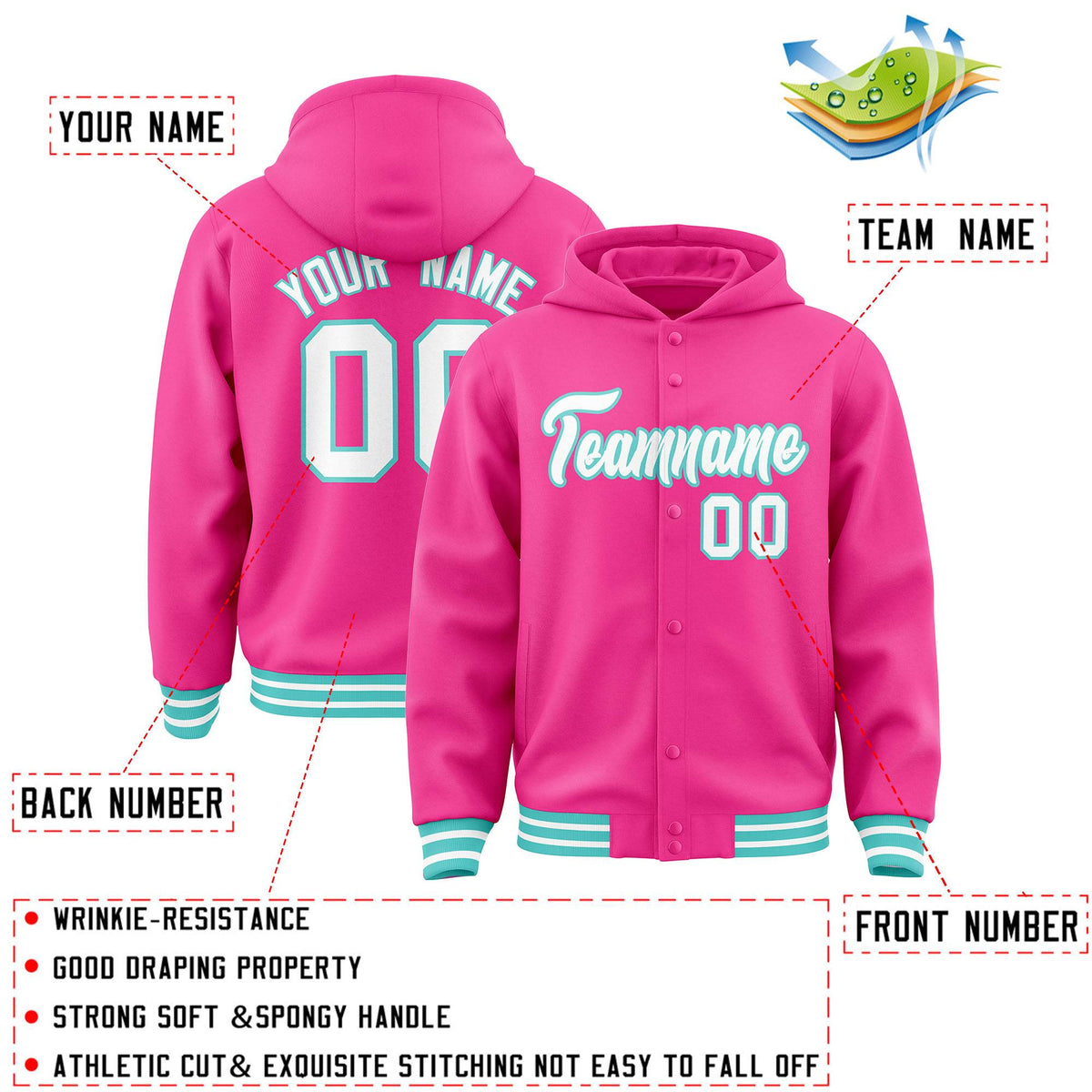 Custom Pink White-Bright Green Varsity Full-Snap Letterman Classic Jacket Hoodie| KXKSHOP