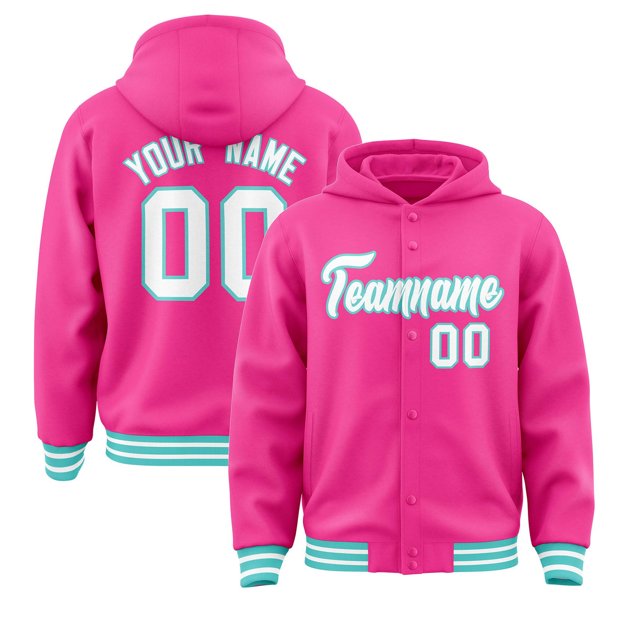 Custom Pink White-Bright Green Varsity Full-Snap Letterman Classic Jacket Hoodie| KXKSHOP