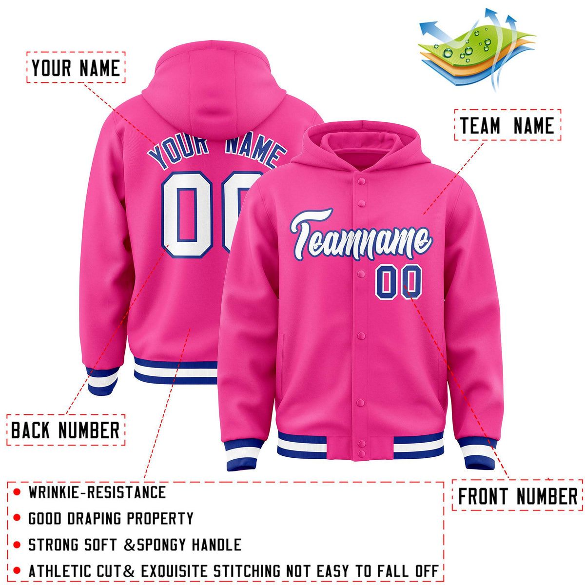 Custom Pink White-Royal Varsity Full-Snap Letterman Classic Jacket Hoodie| KXKSHOP