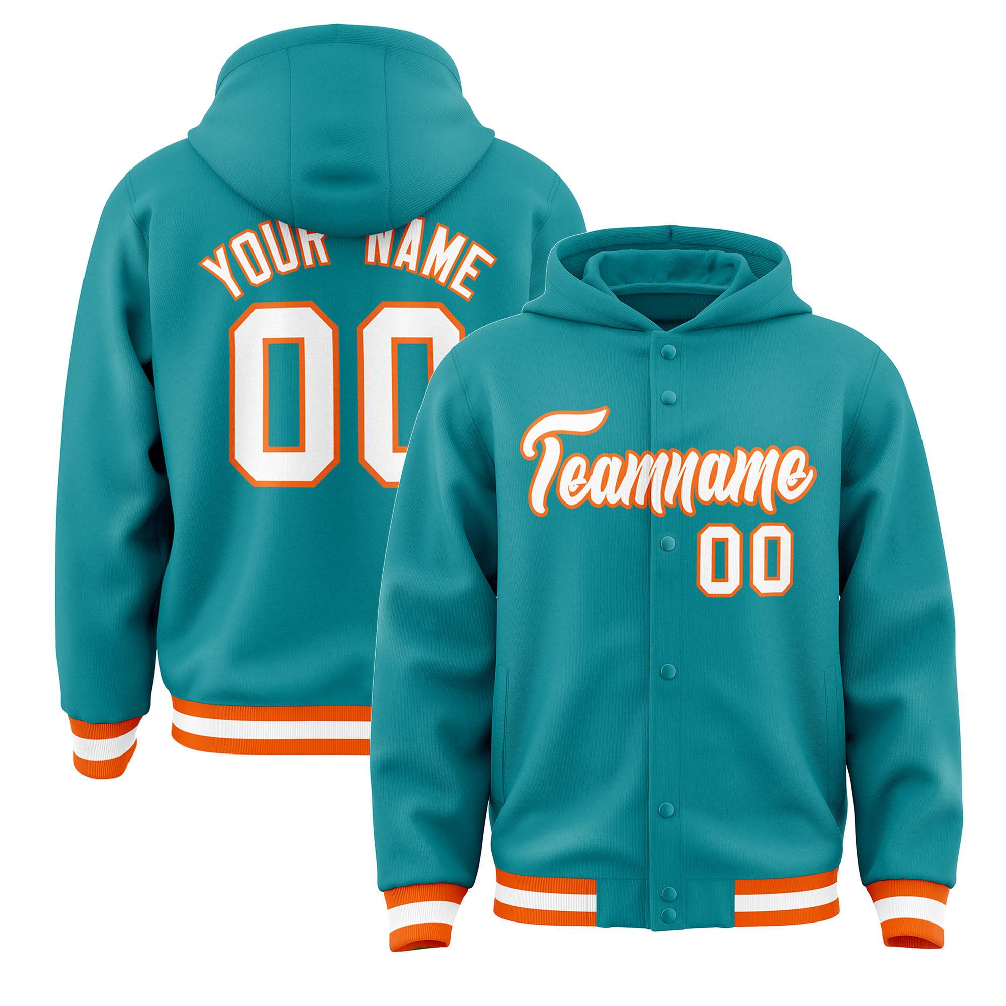 Custom Aqua White-Orange Varsity Full-Snap Letterman Classic Jacket Hoodie| KXKSHOP