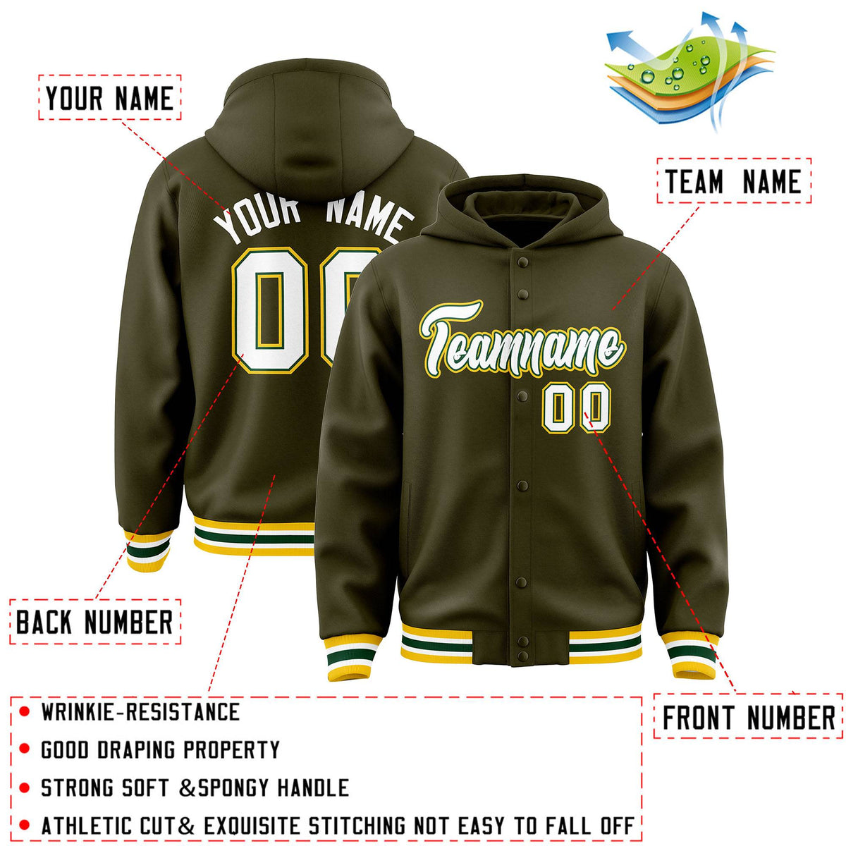 Custom Olive White-Green Varsity Full-Snap Letterman Classic Jacket Hoodie| KXKSHOP