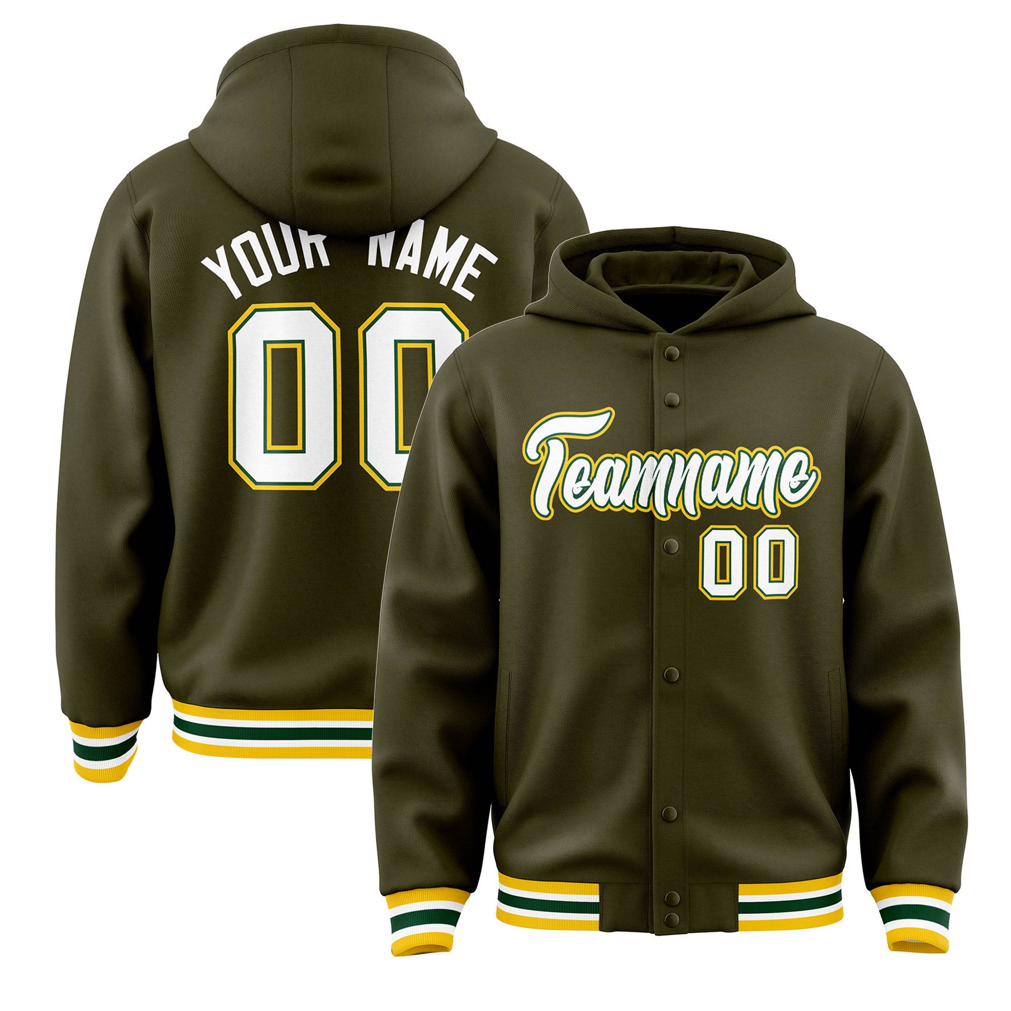 Custom Olive White-Green Varsity Full-Snap Letterman Classic Jacket Hoodie| KXKSHOP