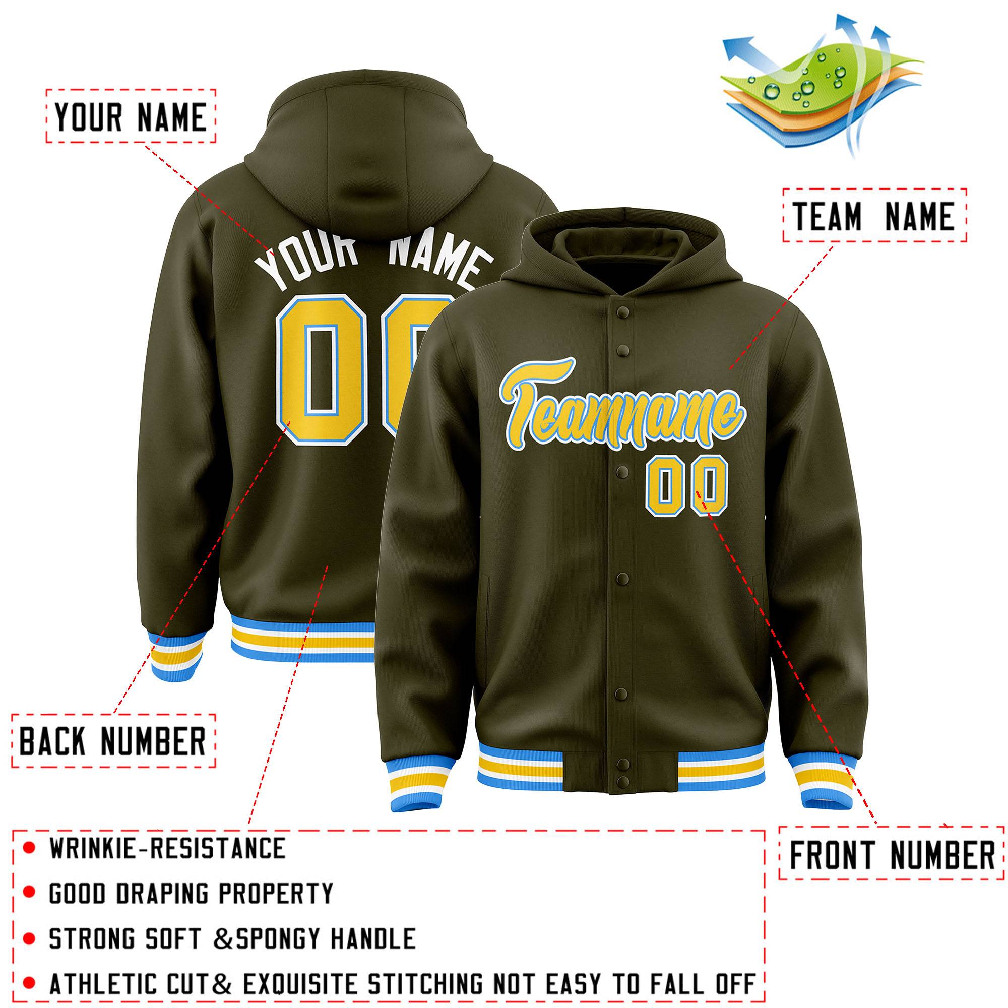 Custom Olive Gold-Powder Blue Varsity Full-Snap Letterman Classic Jacket Hoodie| KXKSHOP