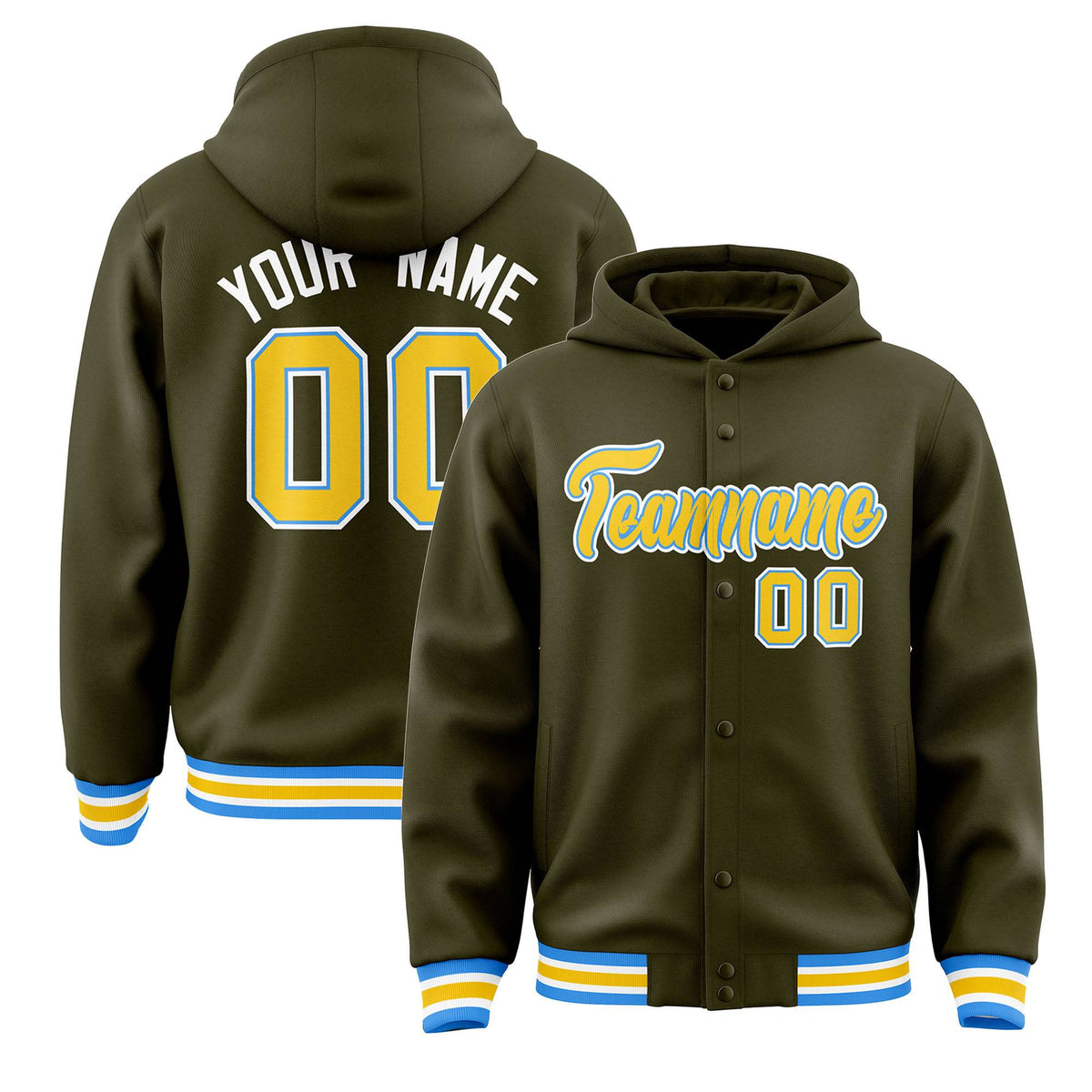 Custom Olive Gold-Powder Blue Varsity Full-Snap Letterman Classic Jacket Hoodie| KXKSHOP