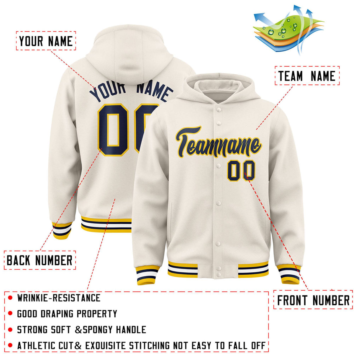 Custom Cream Navy-Gold Varsity Full-Snap Letterman Classic Jacket Hoodie| KXKSHOP