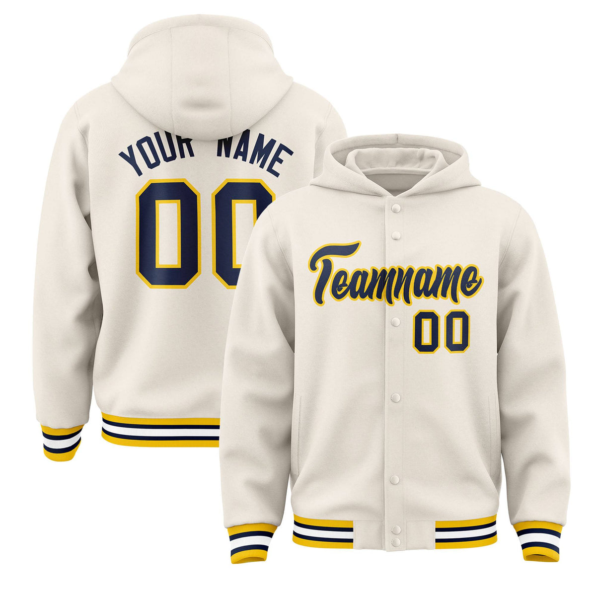 Custom Cream Navy-Gold Varsity Full-Snap Letterman Classic Jacket Hoodie| KXKSHOP