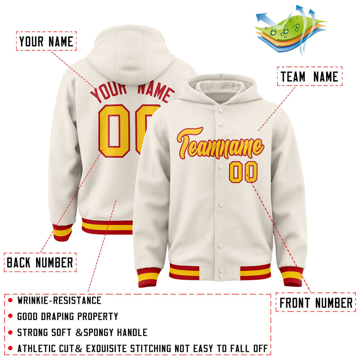 Custom Cream Gold-Red Varsity Full-Snap Letterman Classic Jacket Hoodie| KXKSHOP