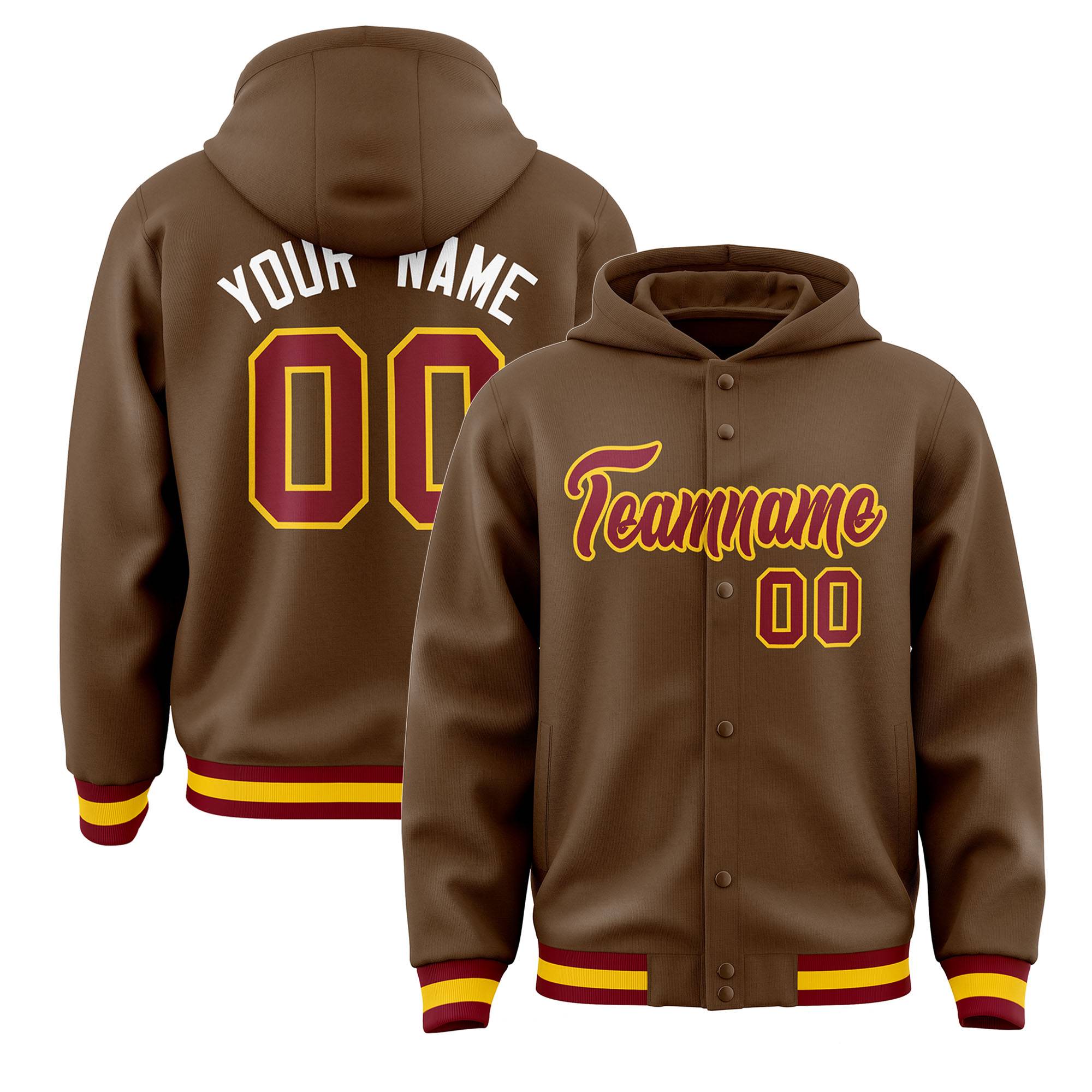 Custom Light Brown Crimson-Gold Varsity Full-Snap Letterman Classic Jacket Hoodie| KXKSHOP