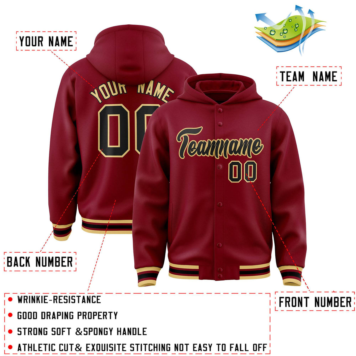Custom Crimson Black-Khaki Varsity Full-Snap Letterman Classic Jacket Hoodie| KXKSHOP