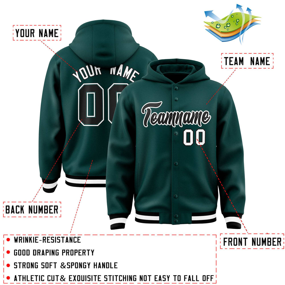 Custom Midnight Green Black-White Varsity Full-Snap Letterman Classic Jacket Hoodie| KXKSHOP