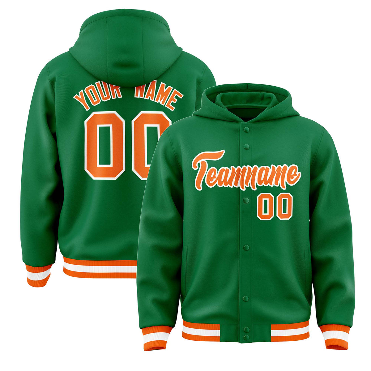 Custom Kelly Green Orange-White Varsity Full-Snap Letterman Classic Jacket Hoodie| KXKSHOP