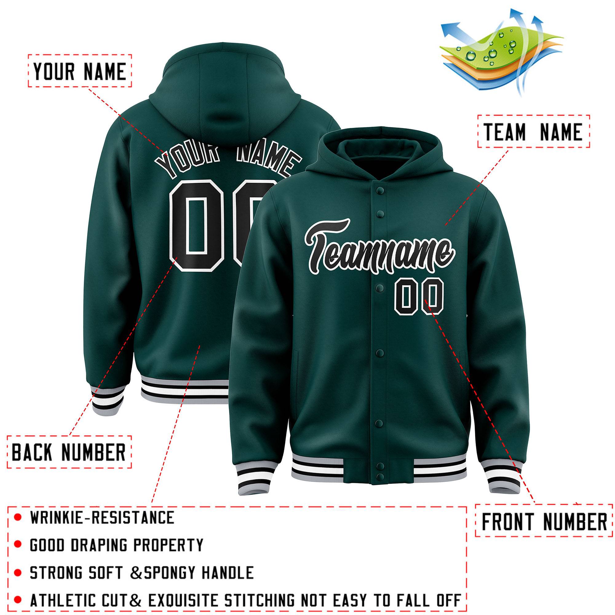 Custom Midnight Green Black-White Varsity Full-Snap Letterman Classic Jacket Hoodie| KXKSHOP