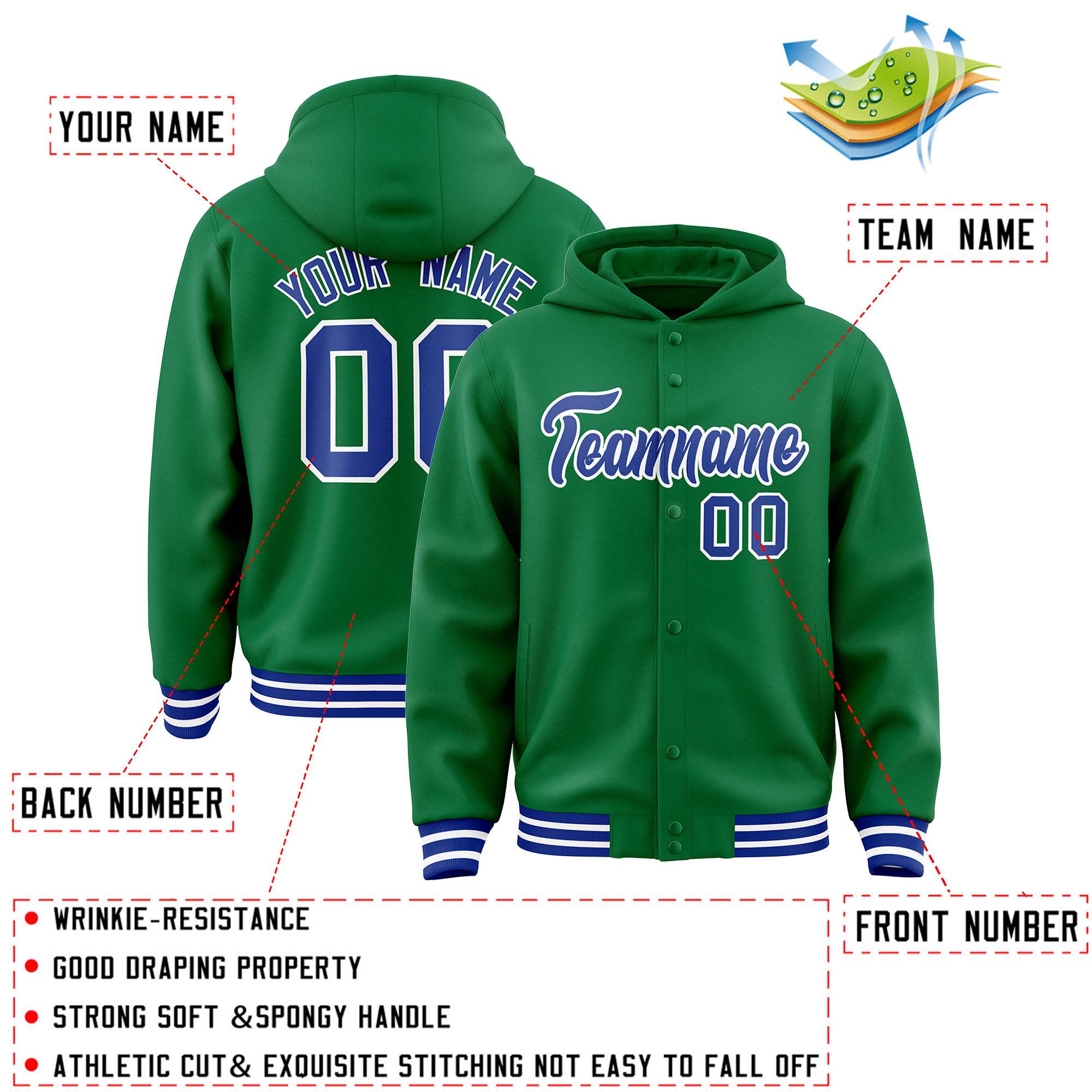 Custom Kelly Green Royal-White Varsity Full-Snap Letterman Classic Jacket Hoodie| KXKSHOP