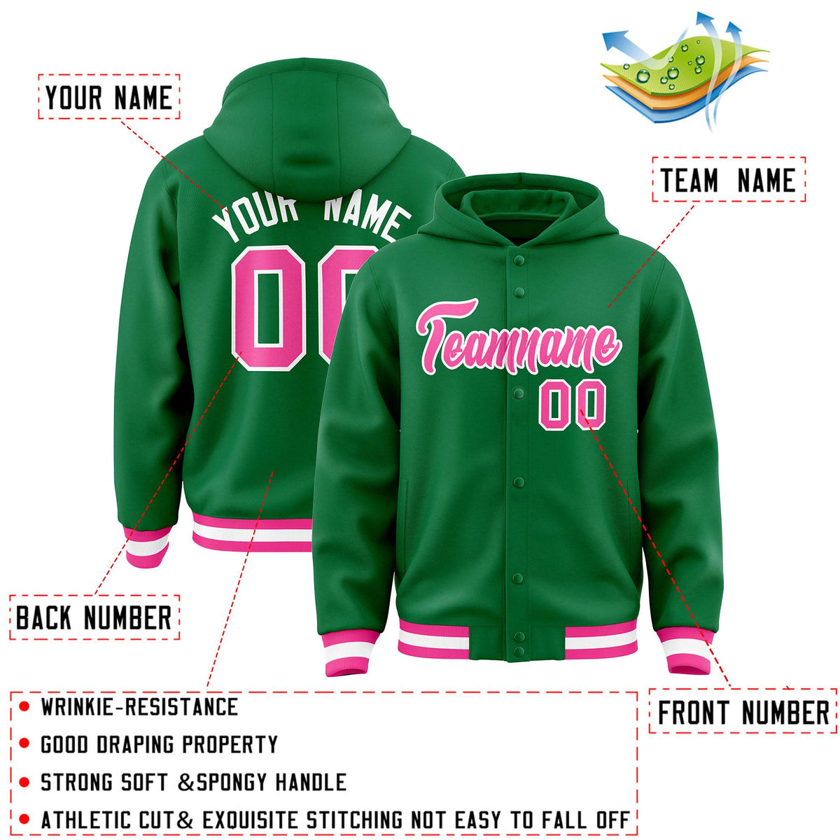 Custom Kelly Green Pink-White Varsity Full-Snap Letterman Classic Jacket Hoodie| KXKSHOP