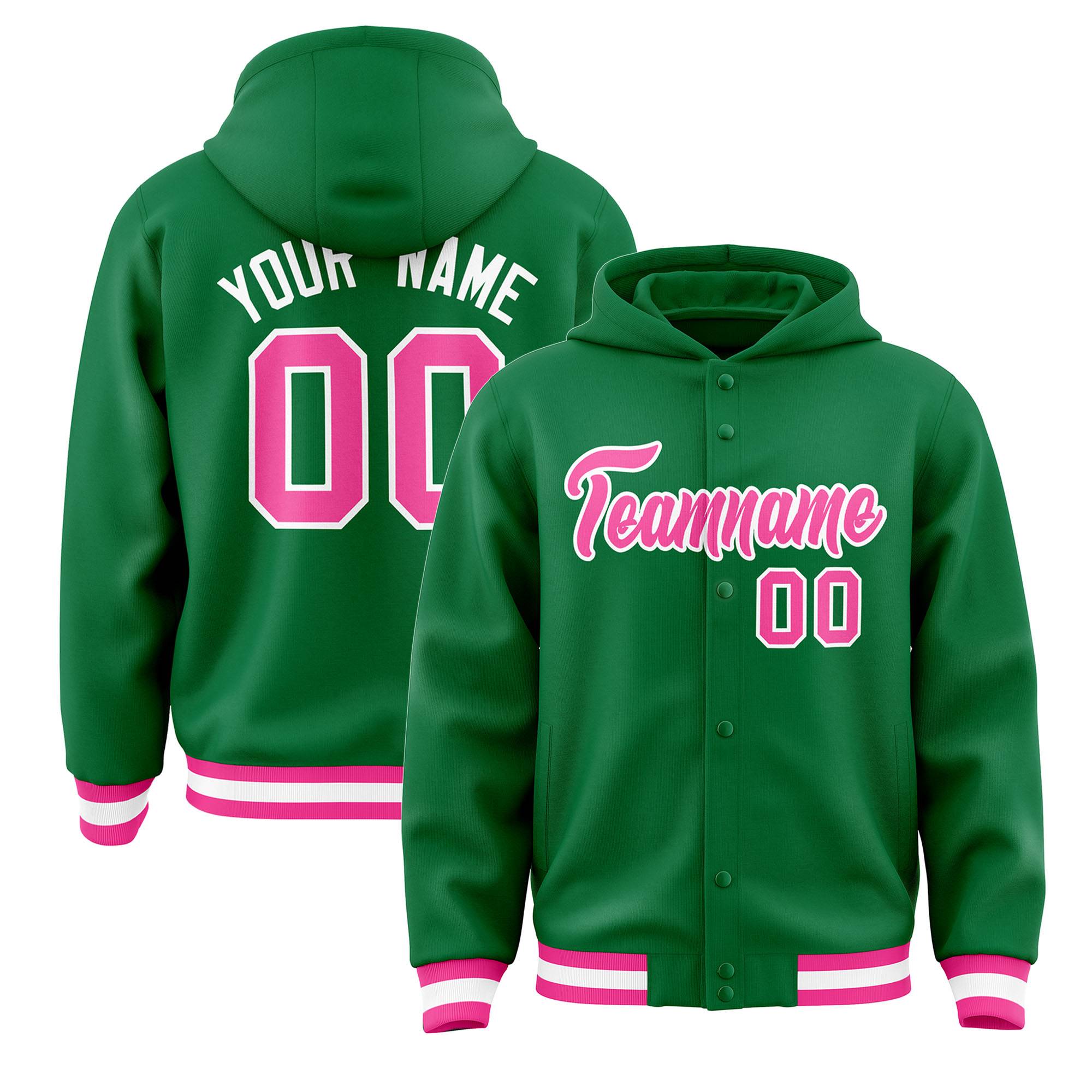 Custom Kelly Green Pink-White Varsity Full-Snap Letterman Classic Jacket Hoodie| KXKSHOP