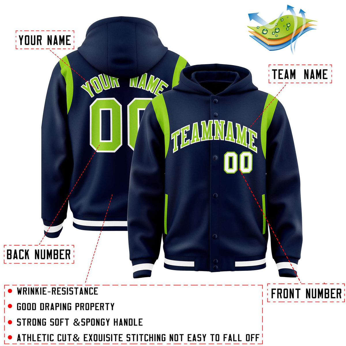 Custom Navy Neon Green Varsity Full-Snap Letterman Shoulder Color Block Jacket Hoodie| KXKSHOP