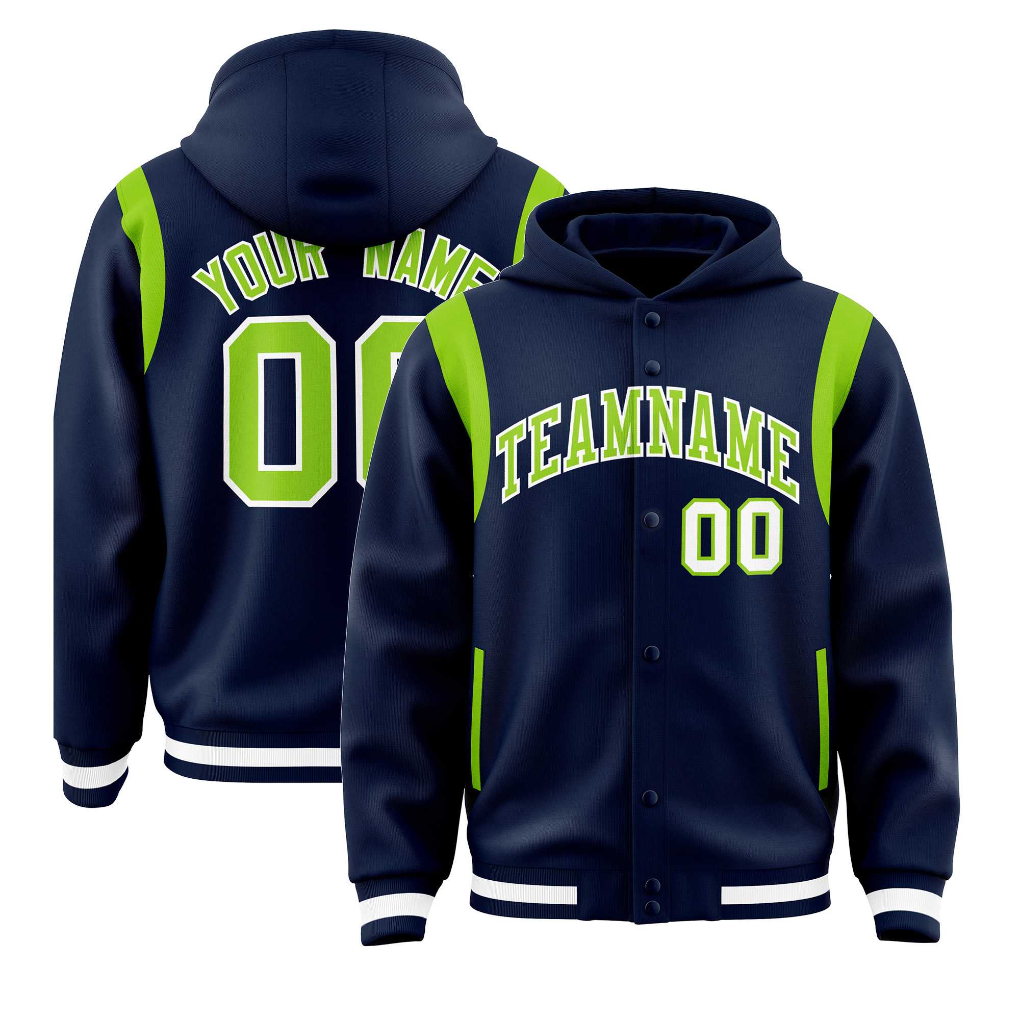 Custom Navy Neon Green Varsity Full-Snap Letterman Shoulder Color Block Jacket Hoodie| KXKSHOP
