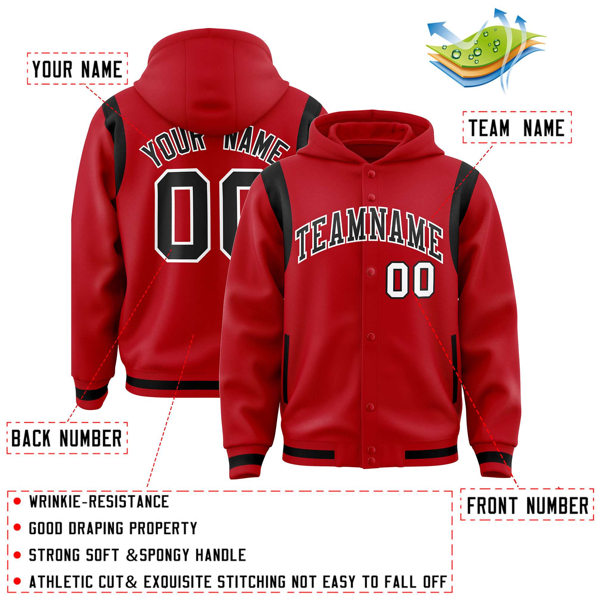 Custom Red Black Varsity Full-Snap Letterman Shoulder Color Block Jacket Hoodie| KXKSHOP