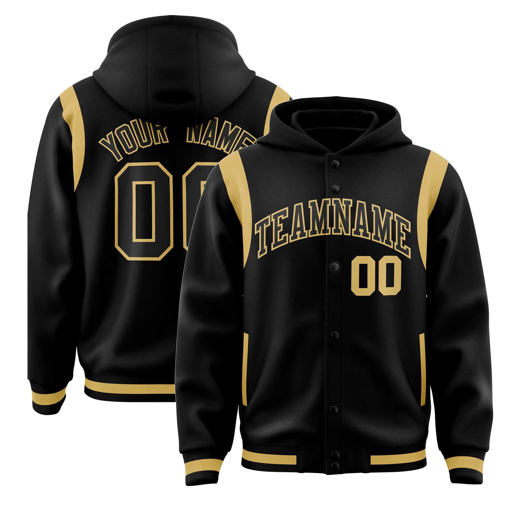 Custom Black Black Varsity Full-Snap Letterman Shoulder Color Block Jacket Hoodie| KXKSHOP