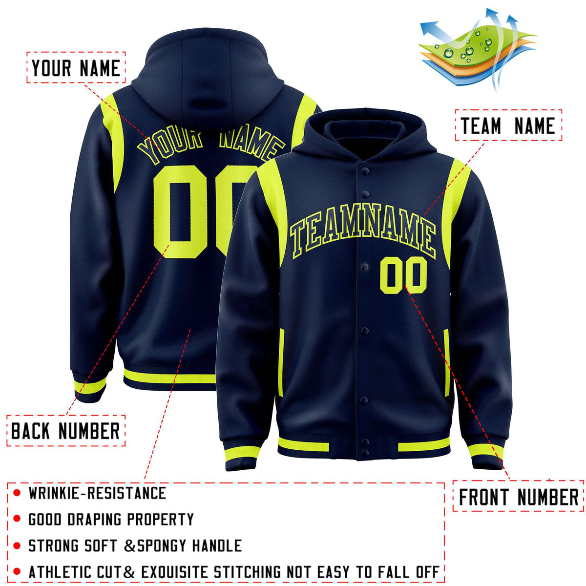 Custom Navy Navy Varsity Full-Snap Letterman Shoulder Color Block Jacket Hoodie| KXKSHOP