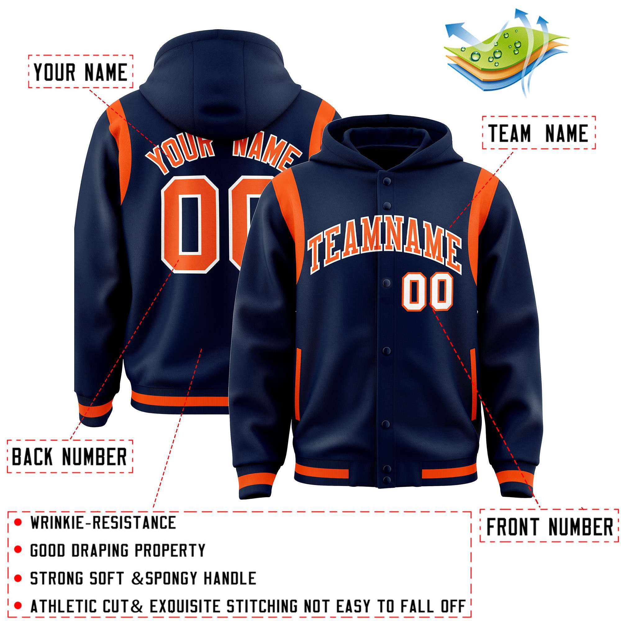 Custom Navy Orange Varsity Full-Snap Letterman Shoulder Color Block Jacket Hoodie| KXKSHOP