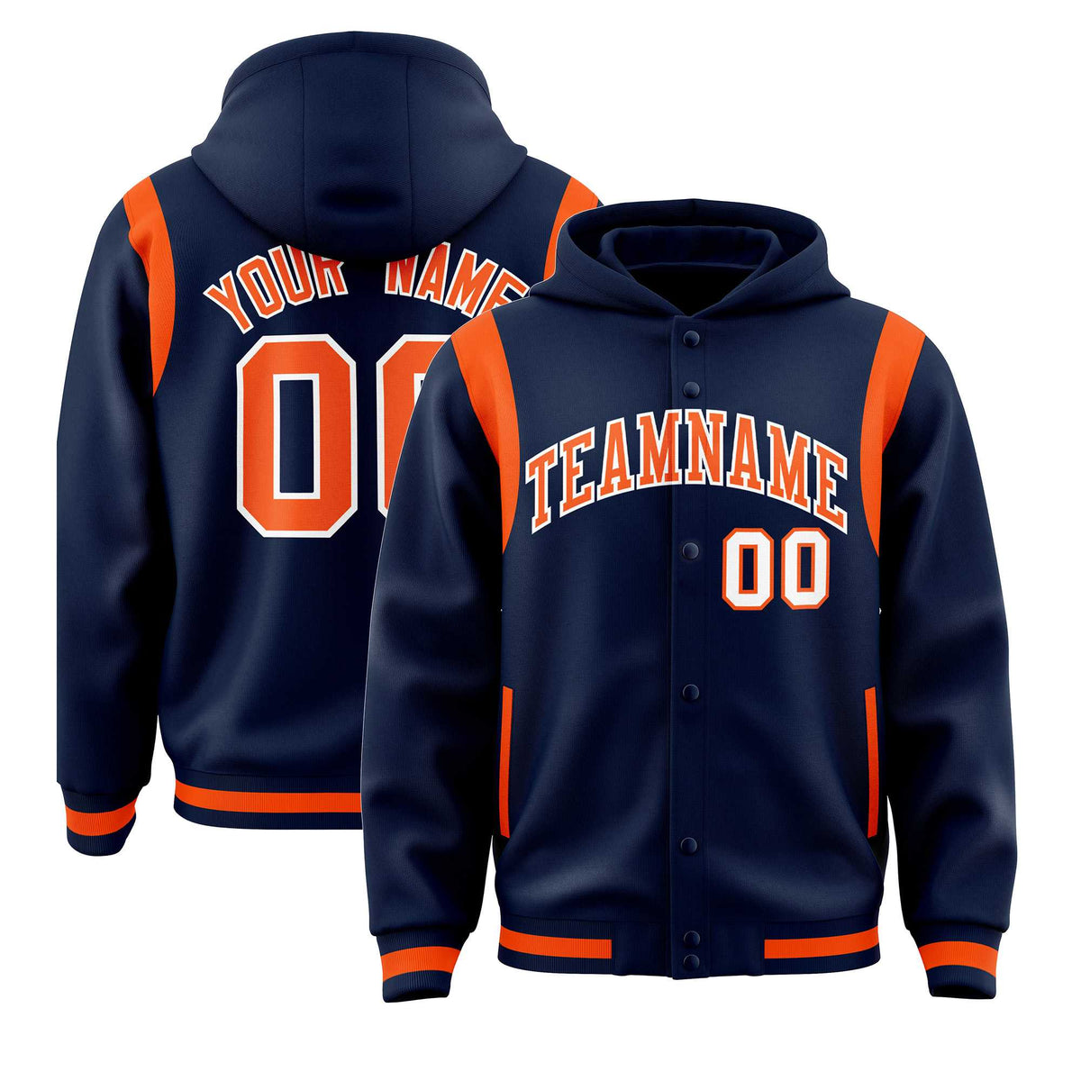 Custom Navy Orange Varsity Full-Snap Letterman Shoulder Color Block Jacket Hoodie| KXKSHOP