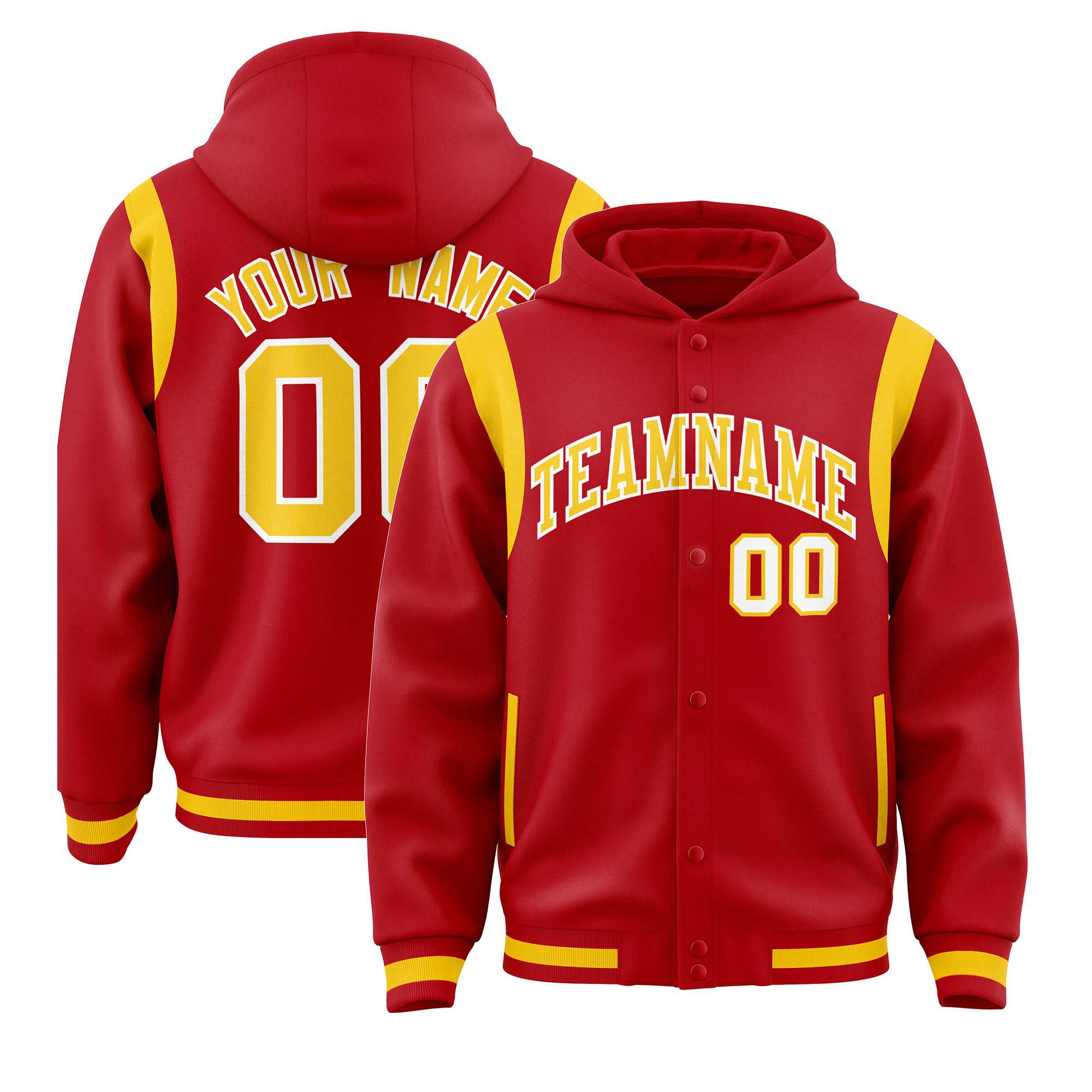 Custom Red Gold Varsity Full-Snap Letterman Shoulder Color Block Jacket Hoodie| KXKSHOP