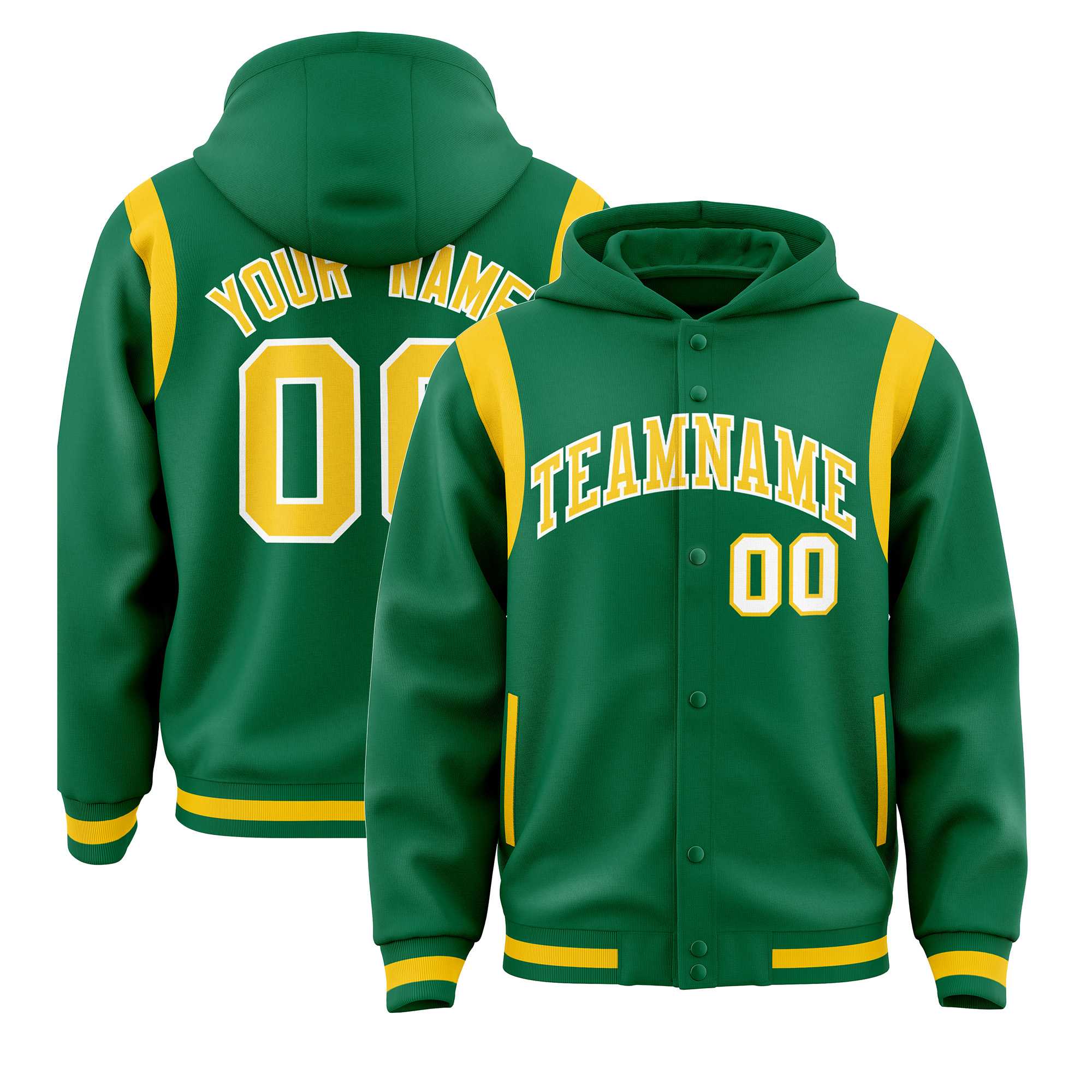Custom Kelly Green Gold Varsity Full-Snap Letterman Shoulder Color Block Jacket Hoodie| KXKSHOP