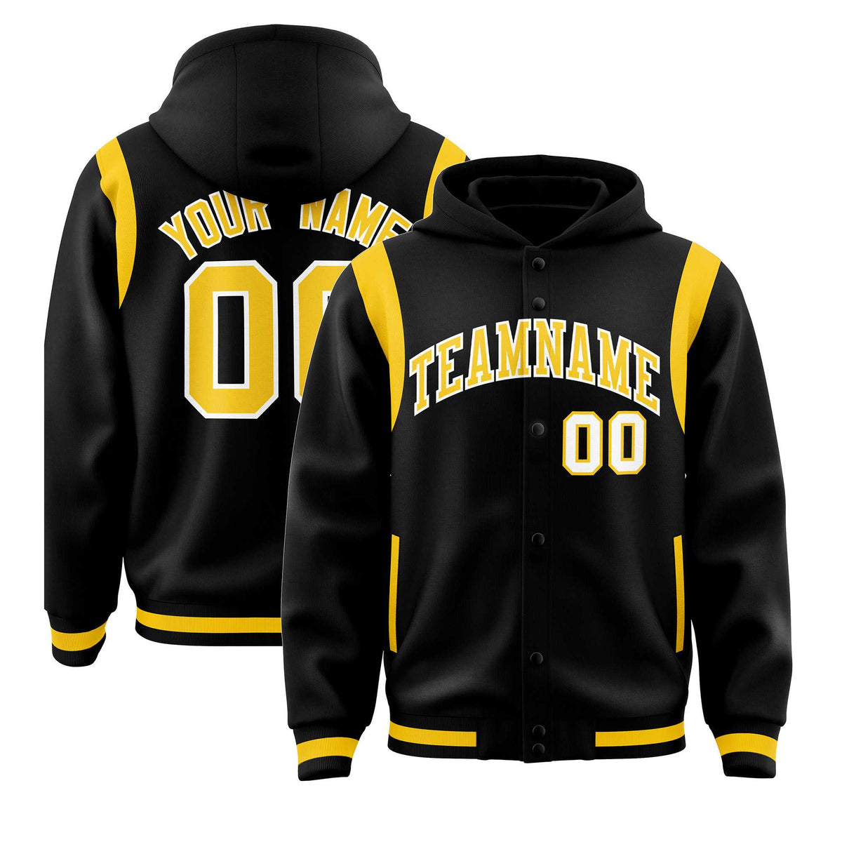 Custom Black Gold Varsity Full-Snap Letterman Shoulder Color Block Jacket Hoodie| KXKSHOP