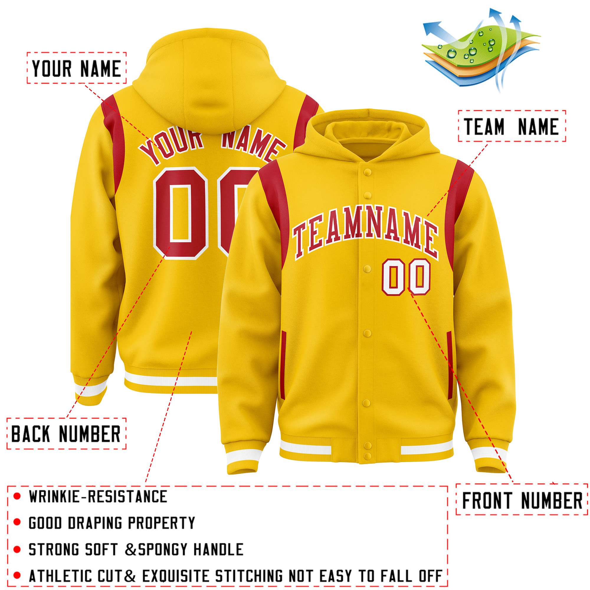 Custom Gold Red Varsity Full-Snap Letterman Shoulder Color Block Jacket Hoodie| KXKSHOP