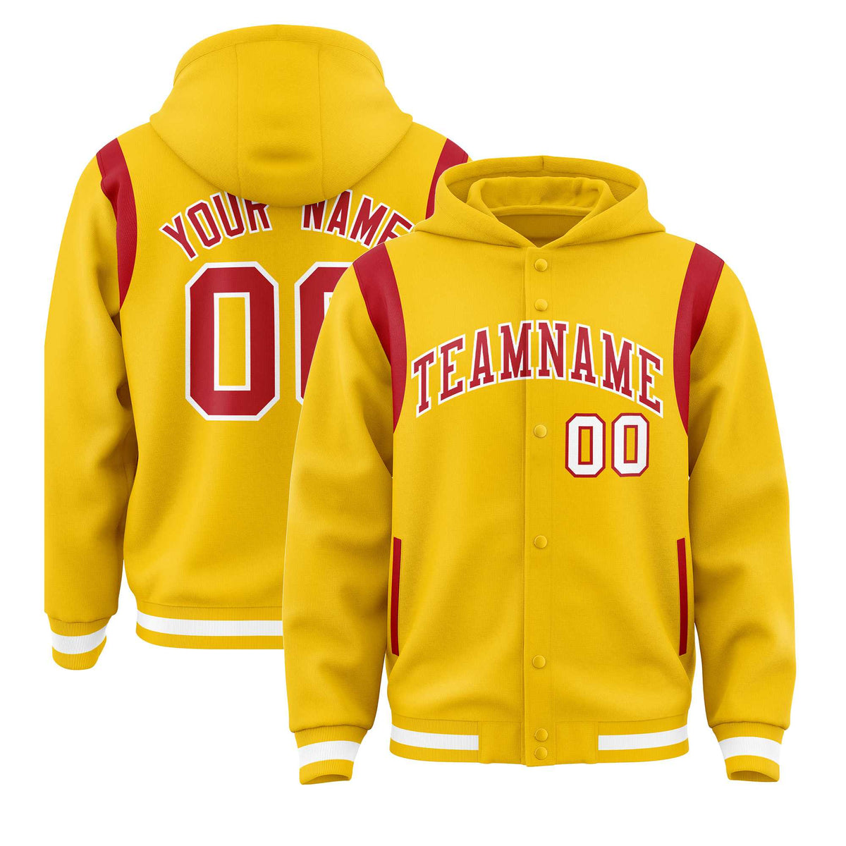Custom Gold Red Varsity Full-Snap Letterman Shoulder Color Block Jacket Hoodie| KXKSHOP
