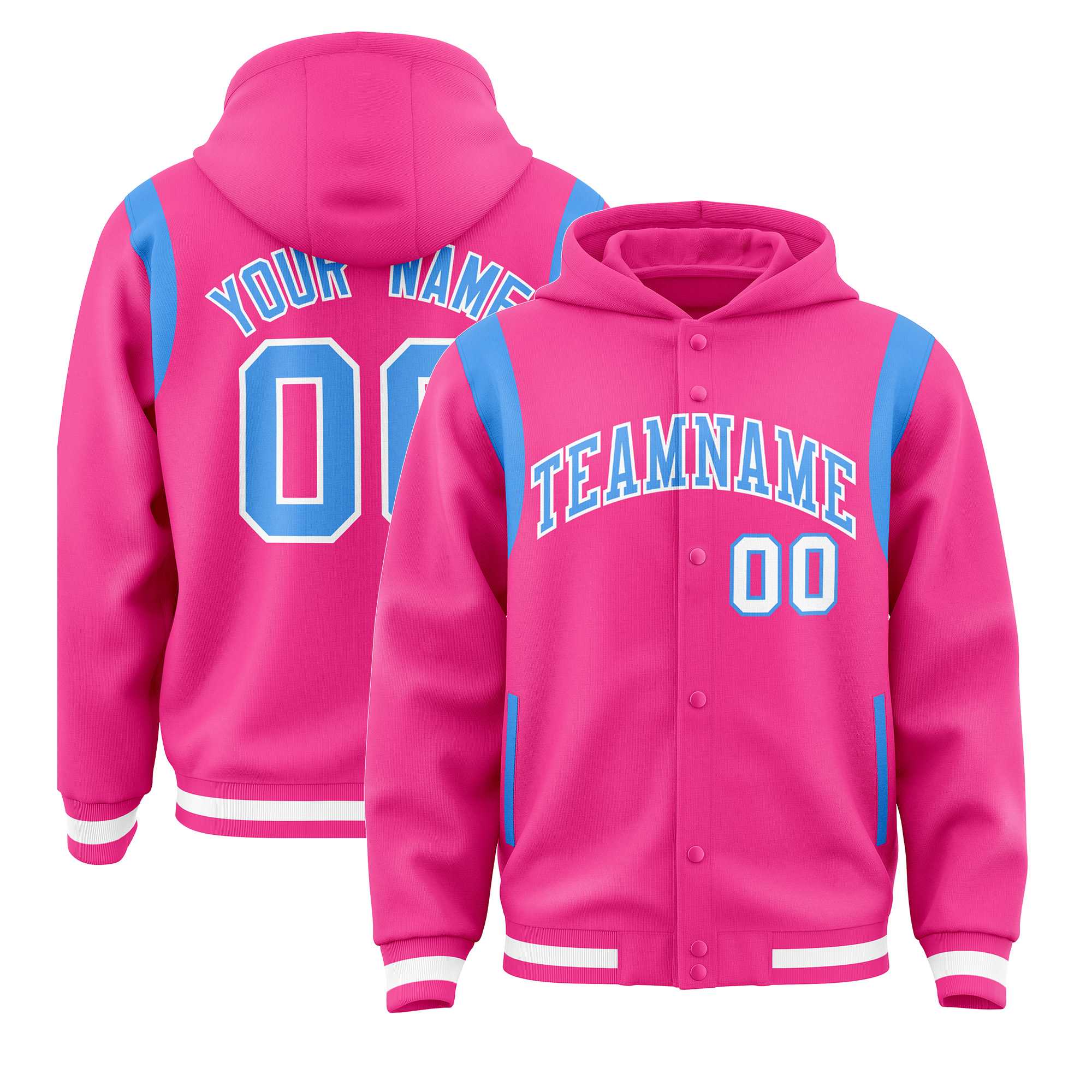 Custom Pink Powder Blue Varsity Full-Snap Letterman Shoulder Color Block Jacket Hoodie| KXKSHOP
