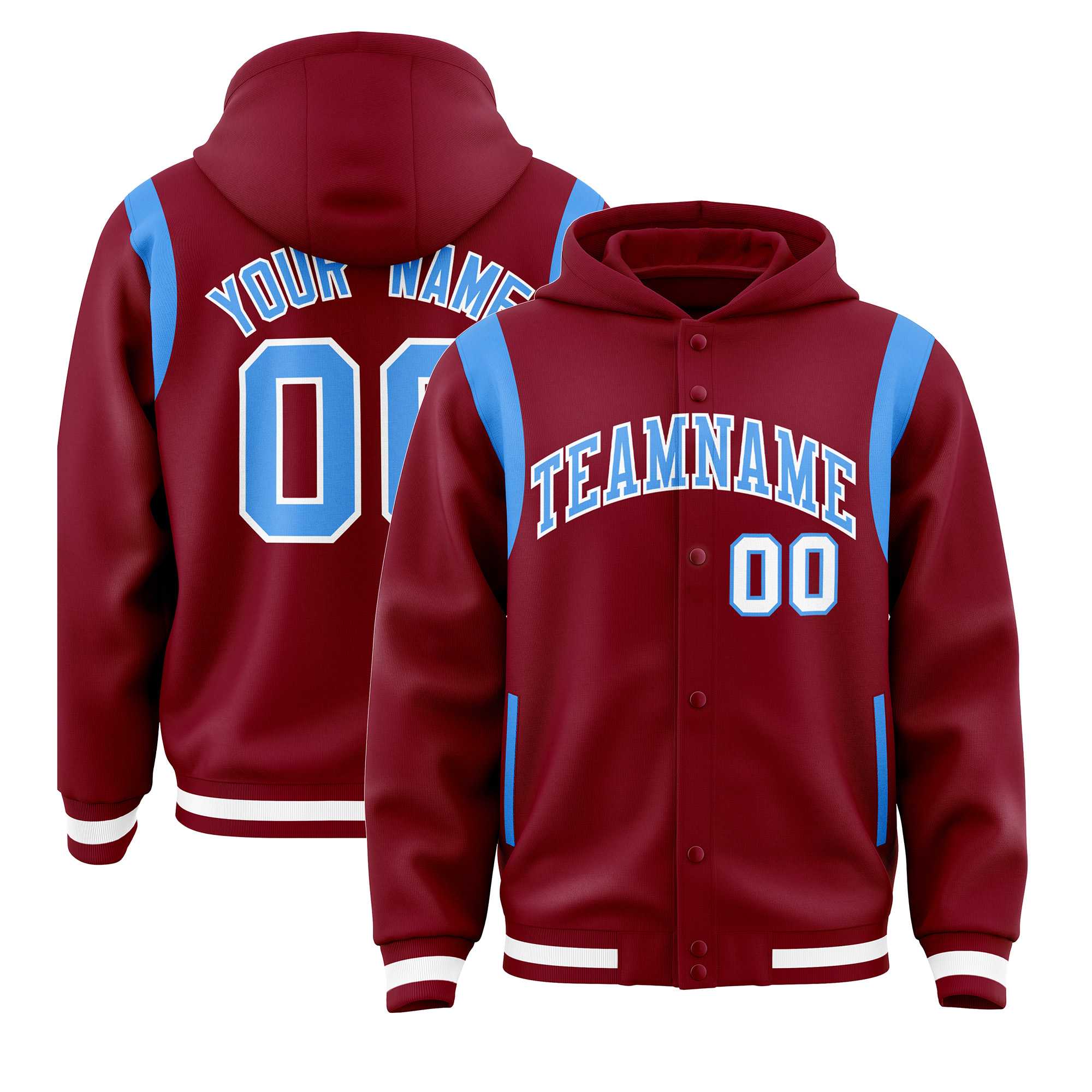 Custom Crimson Powder Blue Varsity Full-Snap Letterman Shoulder Color Block Jacket Hoodie| KXKSHOP