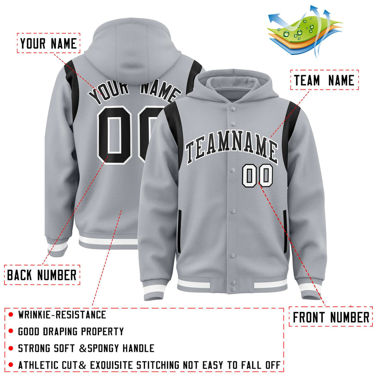 Custom Silver Black Varsity Full-Snap Letterman Shoulder Color Block Jacket Hoodie| KXKSHOP