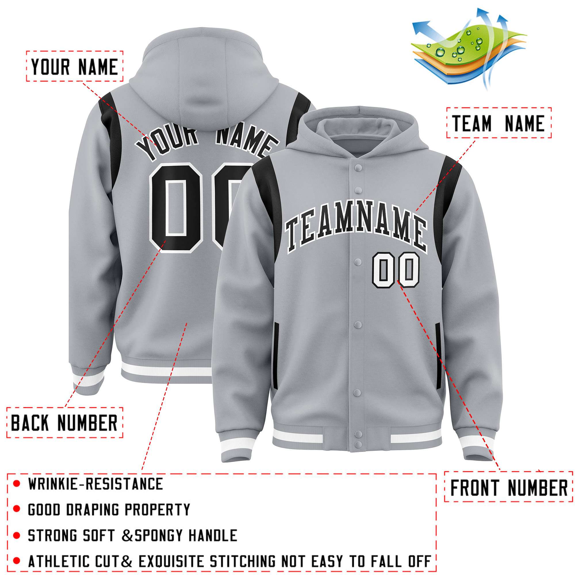 Custom Silver Black Varsity Full-Snap Letterman Shoulder Color Block Jacket Hoodie| KXKSHOP