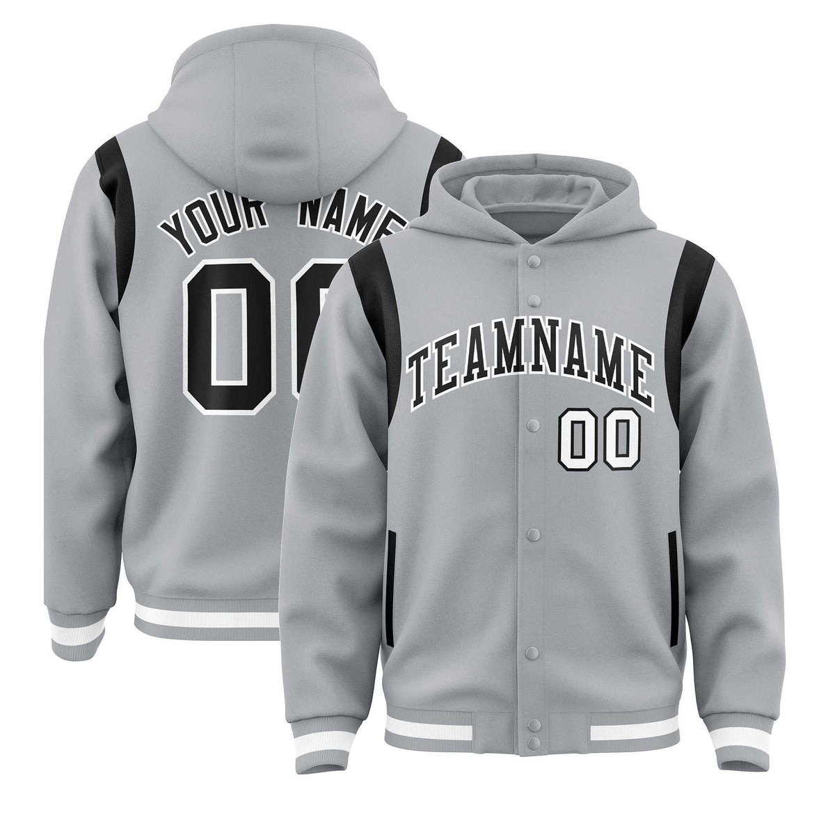 Custom Silver Black Varsity Full-Snap Letterman Shoulder Color Block Jacket Hoodie| KXKSHOP