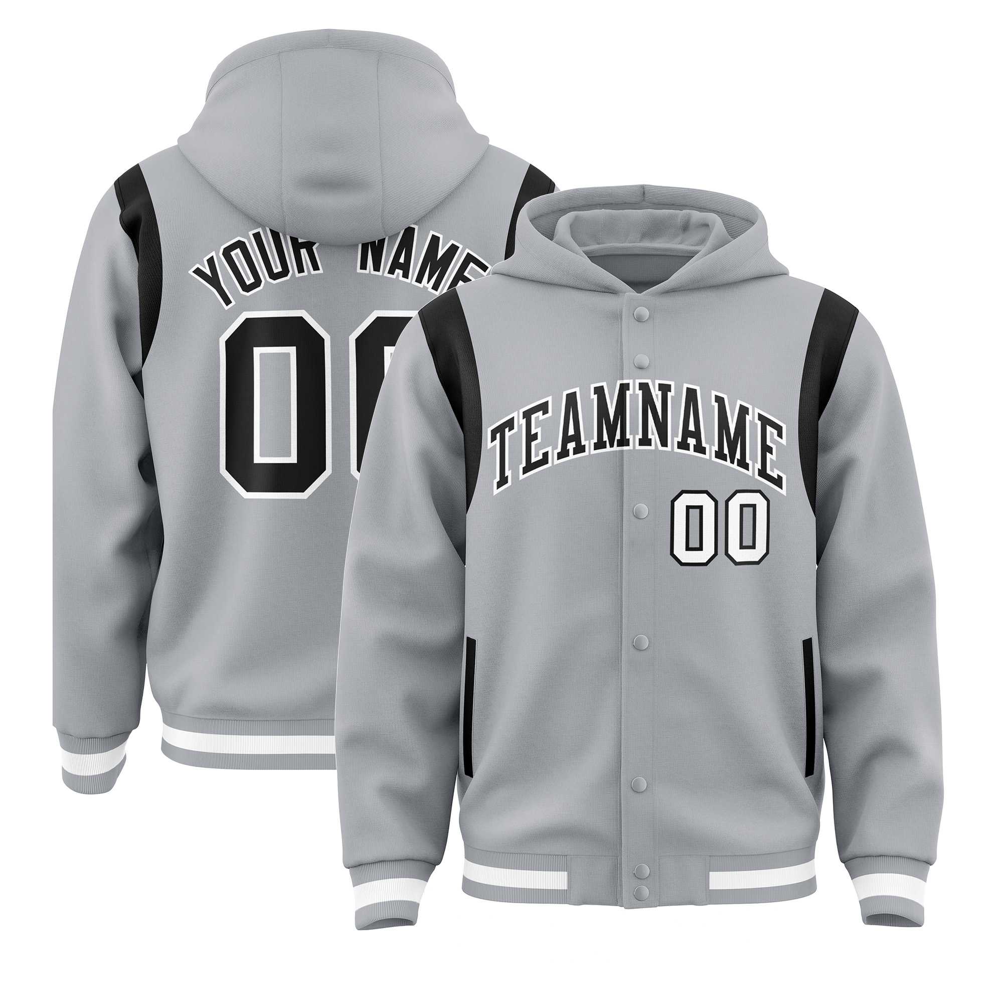 Custom Silver Black Varsity Full-Snap Letterman Shoulder Color Block Jacket Hoodie| KXKSHOP