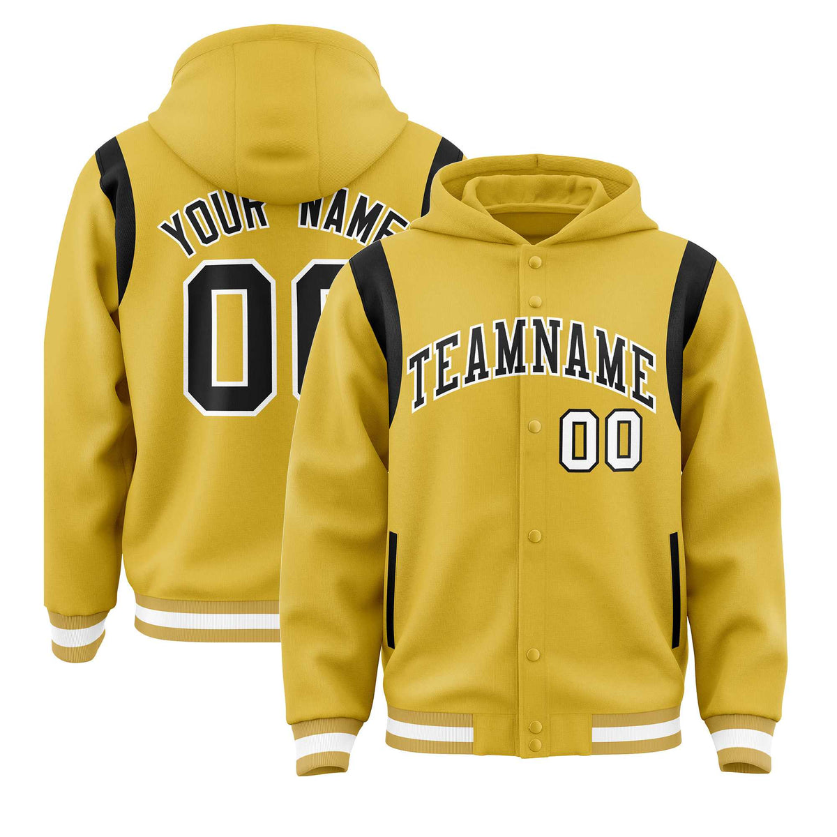 Custom Old Gold Black Varsity Full-Snap Letterman Shoulder Color Block Jacket Hoodie| KXKSHOP