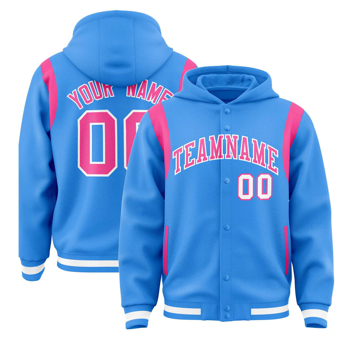 Custom Powder Blue Pink Varsity Full-Snap Letterman Shoulder Color Block Jacket Hoodie| KXKSHOP