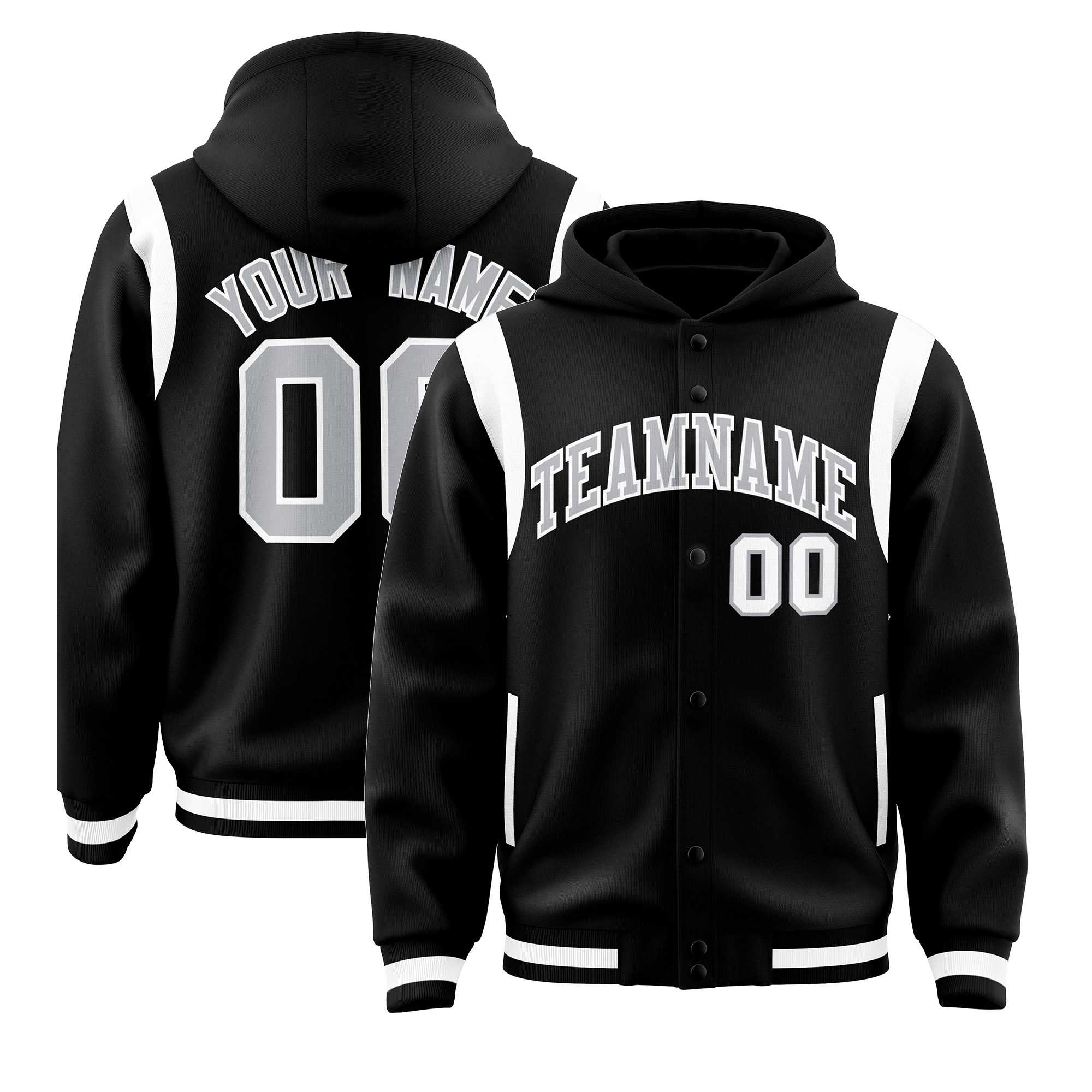 Custom Black Silver Varsity Full-Snap Letterman Shoulder Color Block Jacket Hoodie| KXKSHOP