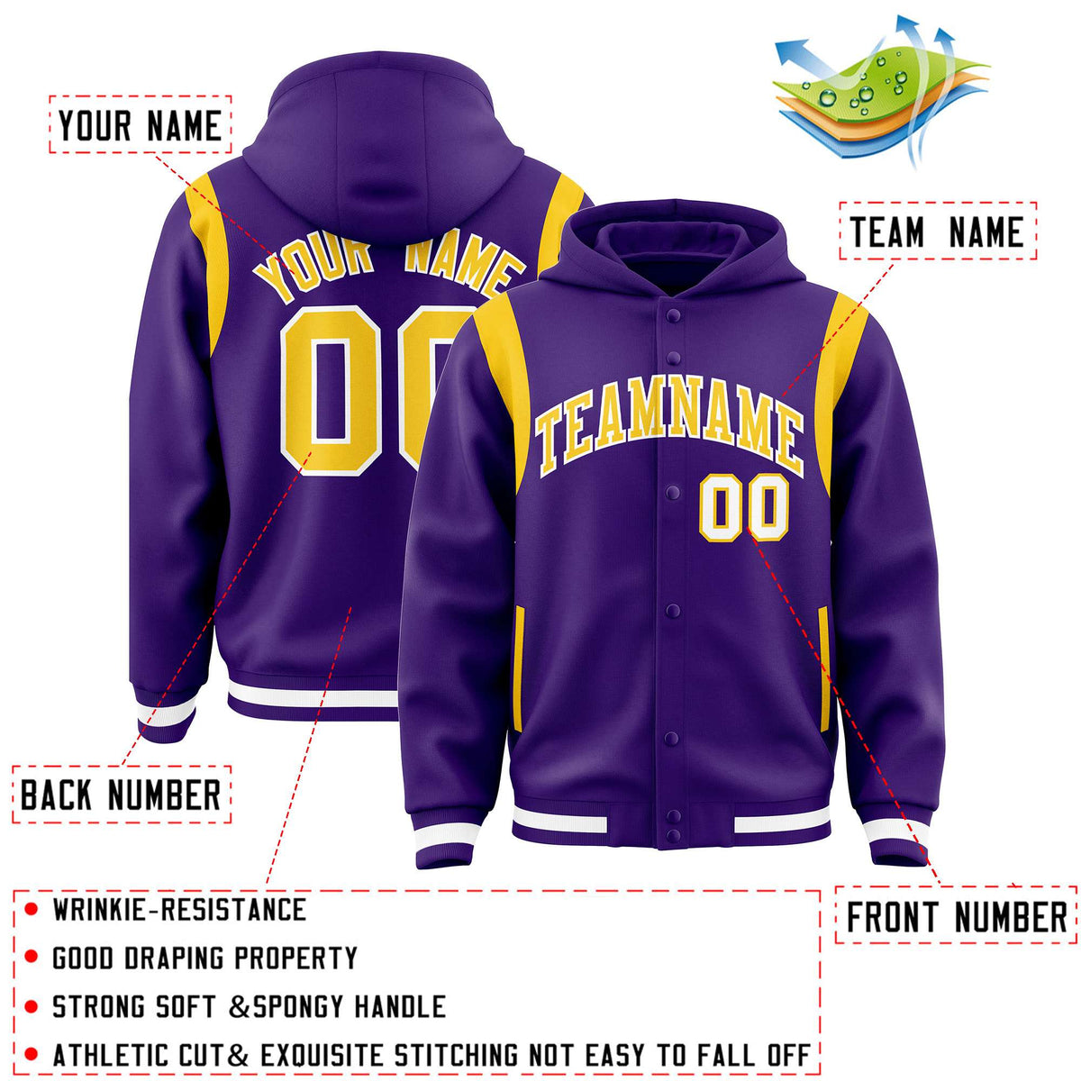 Custom Purple Gold Varsity Full-Snap Letterman Shoulder Color Block Jacket Hoodie| KXKSHOP