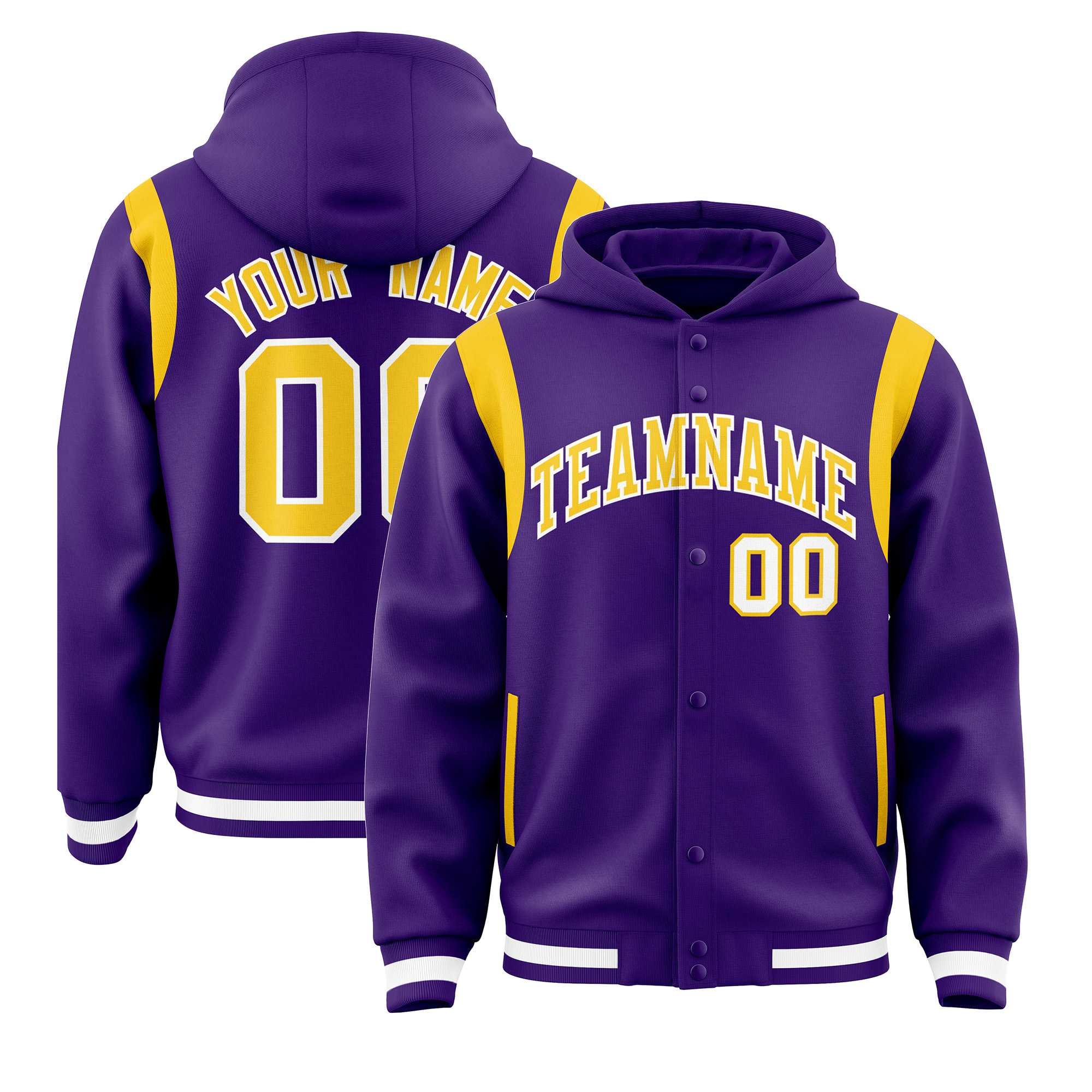 Custom Purple Gold Varsity Full-Snap Letterman Shoulder Color Block Jacket Hoodie| KXKSHOP